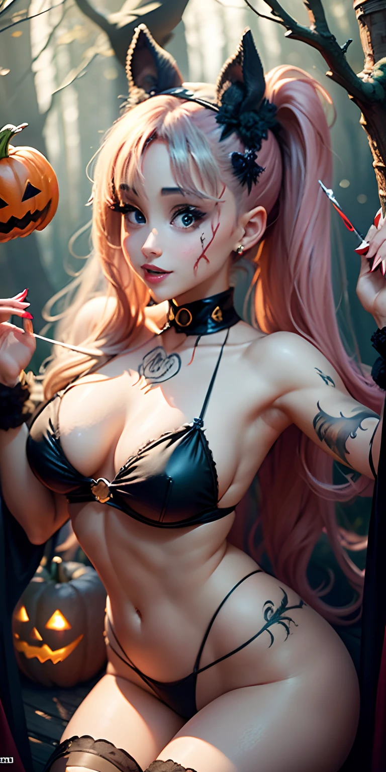 ((halloween)) ((magic forest)), (sexy costume), (((masterpiece))), (top model), (Ariana Grande) , cute body, in a very sexy halloween costume , sexiest girl on earth, view from 5m away, happy, smile, perfect body, oiled body, Captured from above, scary tattoos