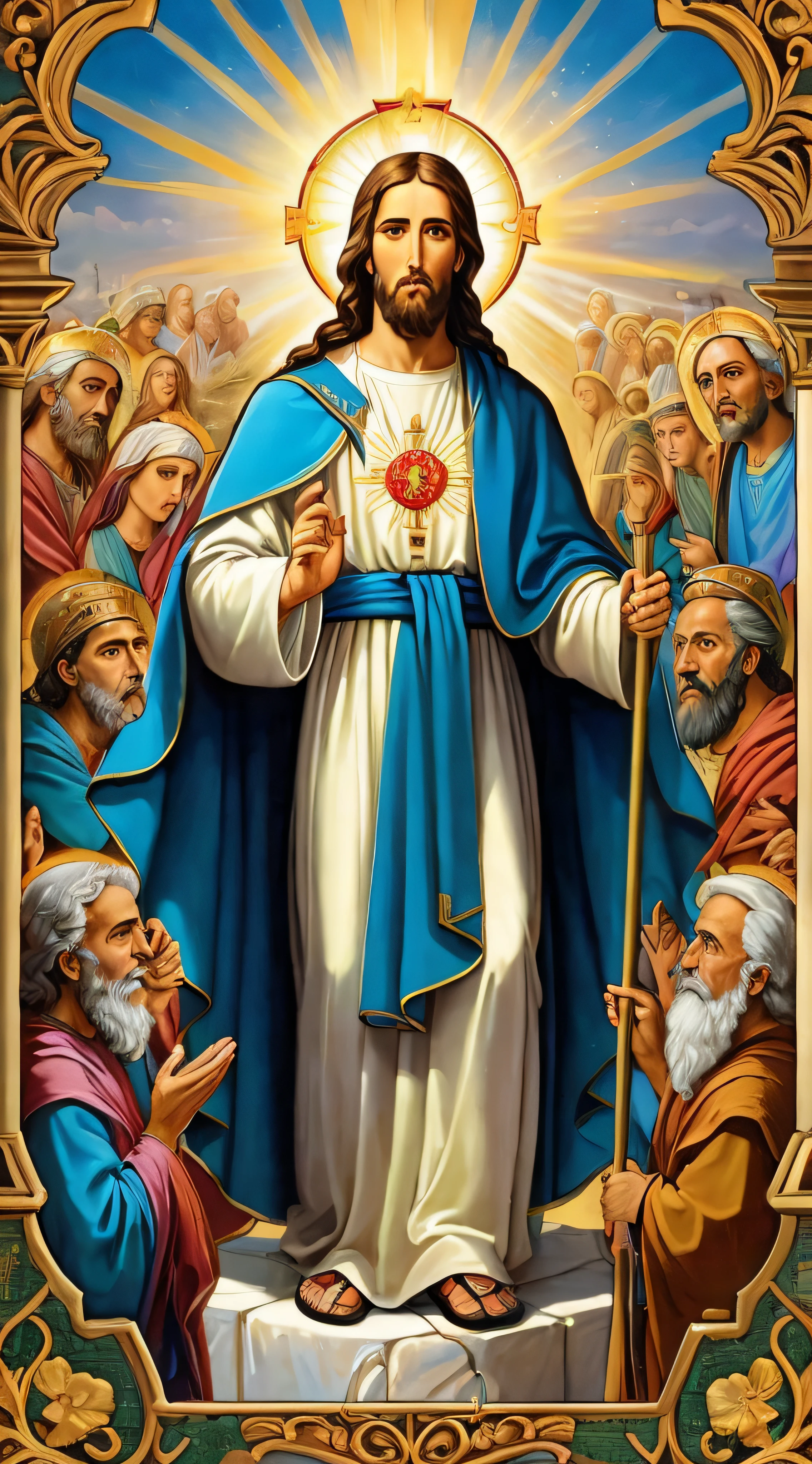 Uma pintura de Jesus na frente de um grupo de pessoas, imagens sagradas, catholic religious art, roman catholic icon, queen of heaven, catholic icon, Directed by: Juan O'Gorman, majestosa obra-prima, iconografia sagrada, iconografia religiosa, pintura religiosa, imagem do avatar, Fundo onioso, aura santa, album photo, Arte Sacra Renascentista, muitas coroas!! upon his head, 8k