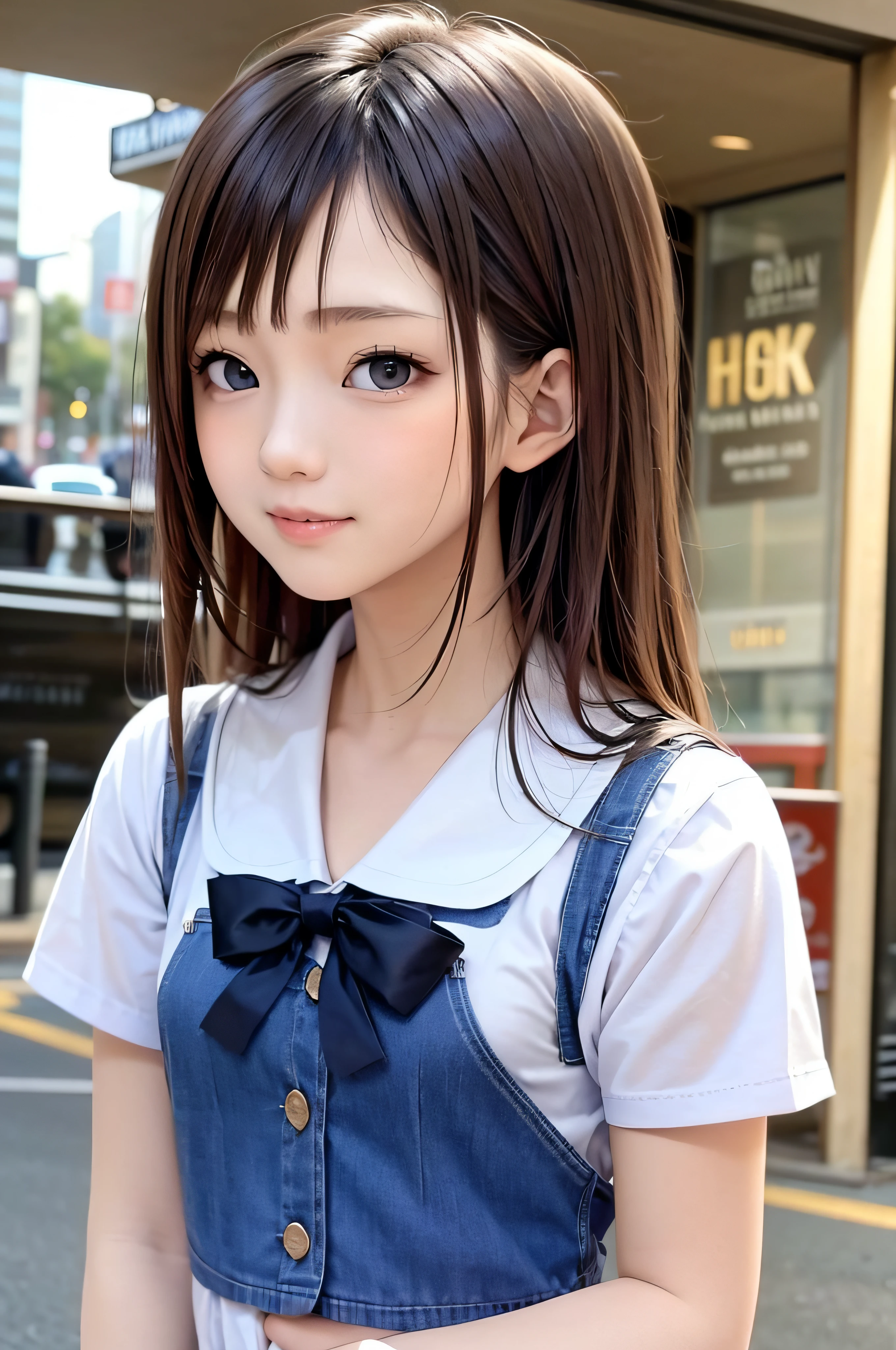 ars、brown haired、beautidful eyes、real looking skin、hi-school girl、a sailor suit、small tits、(8K、masterpiece)、(reallistic、Photorealsitic)、top-quality、ighly detailed、The ultra-detailliert、Beautie、cute little、japanes、Idol、a smile、Close-up portrait、Healthy face