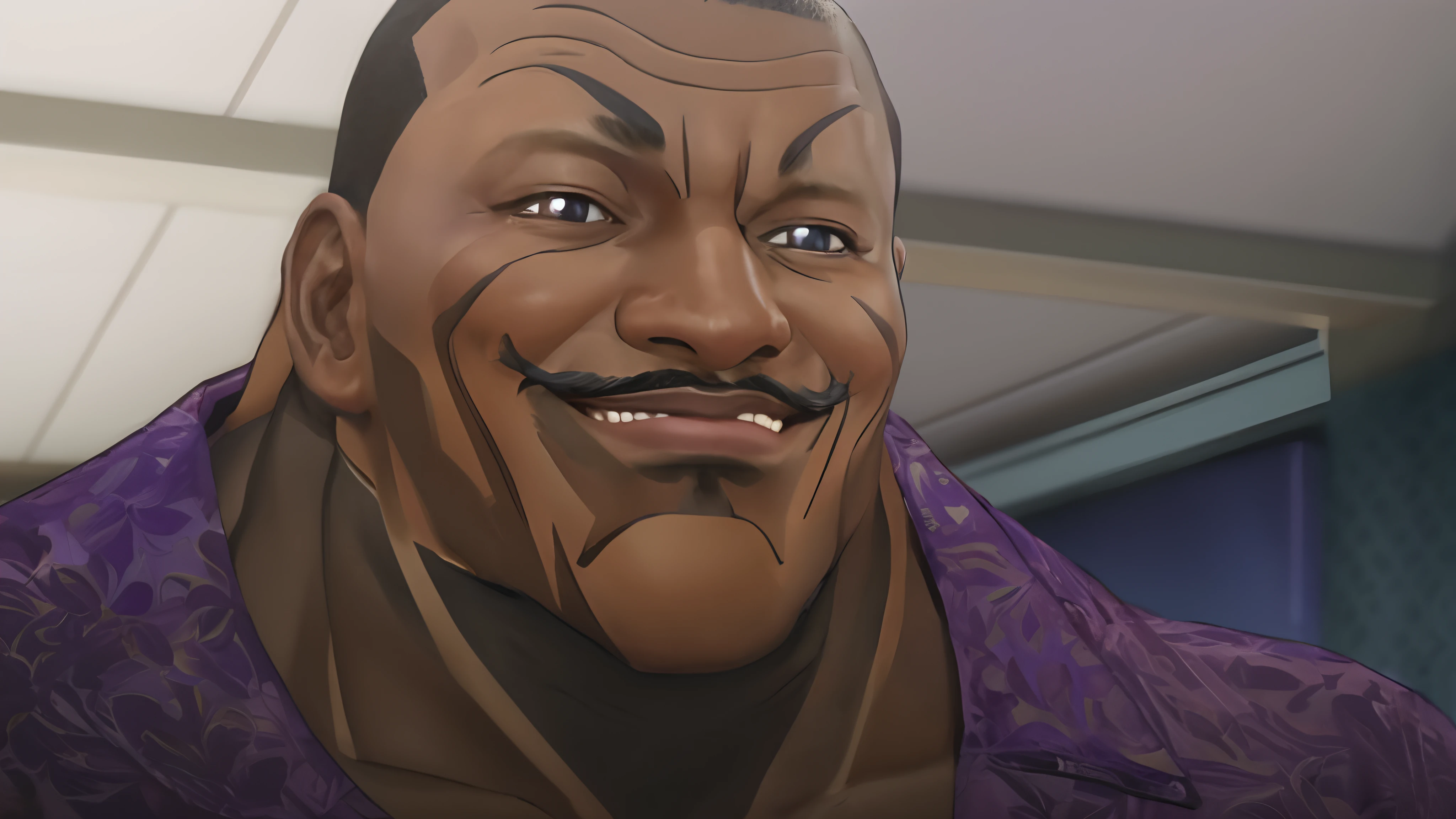 Un homme noir, Souriant, musculaire, Cheveux courts, cheveux bruns, brown eye, Souriant, Realstic, ultra realist, chemise violette, face detailed, ultra realist,