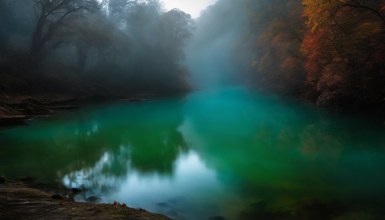 Water ghosts in the river.,Joven remando, neblina y lucernas brillantes