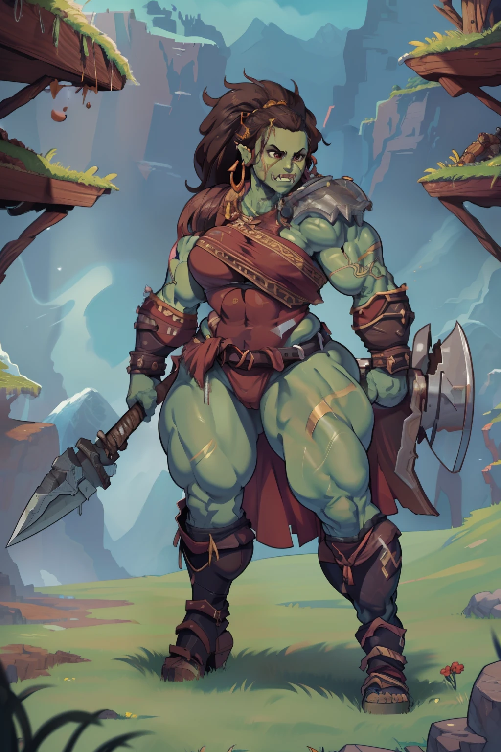 "high quality, strong and fierce orc barbarian with boots with dark brown skin, well-defined muscular legs and large hips" ((fullbody)) (((barbarian armor))) ((earring)) (solo)