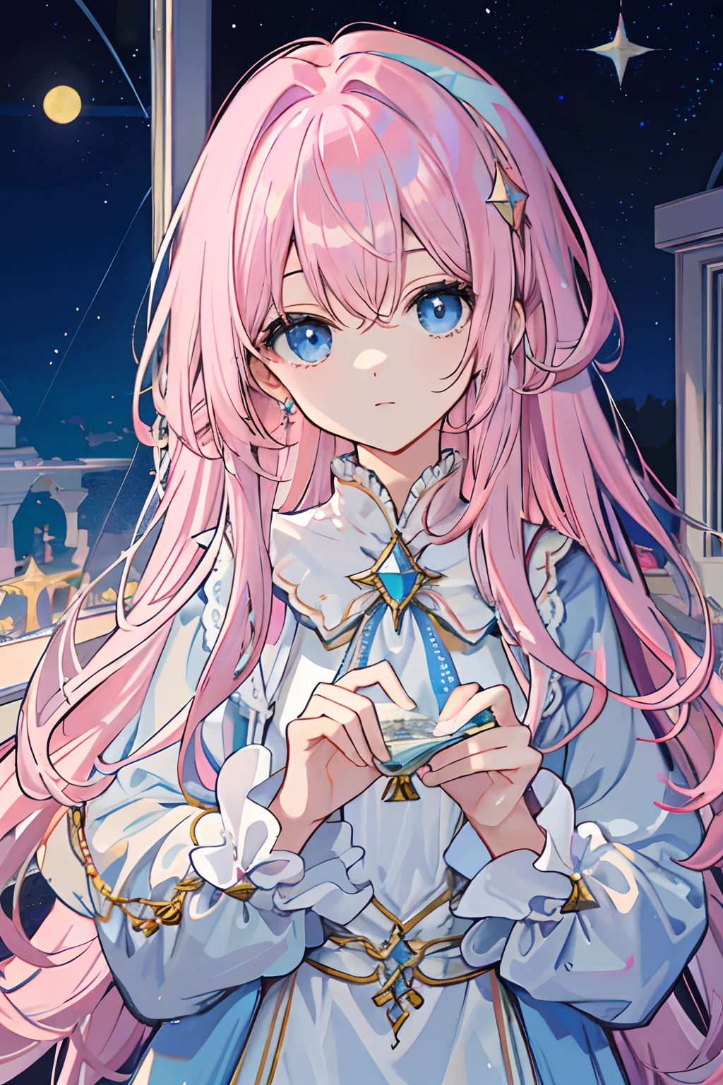 Long light pink slightly curly hair，Light blue eyes，As estrelas，Delicate hair accessories，mages，magia，Study room