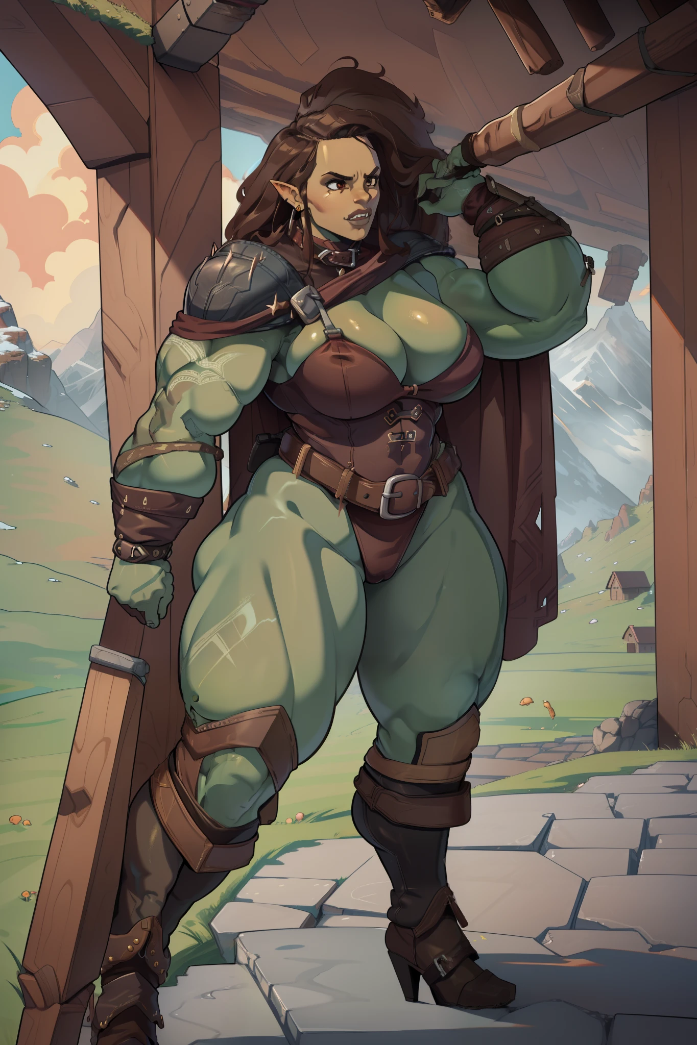 (high quality,4k,8k,highres,masterpiece:1.2),ultra-detailed,(:1.37),dark brown skin,well-defined muscular legs,large hips,barbarian armor,boots,solo,earring,orc