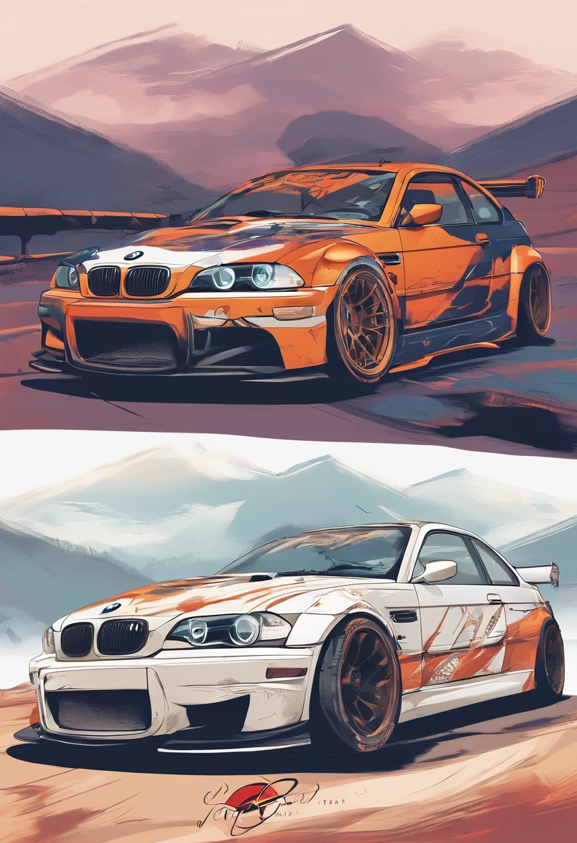 design de camisetas, Genshin Impact Chart, vetor, A BMW M3 E46 GTR with a scenic landscape in the background, Detailed illustration, and retro style