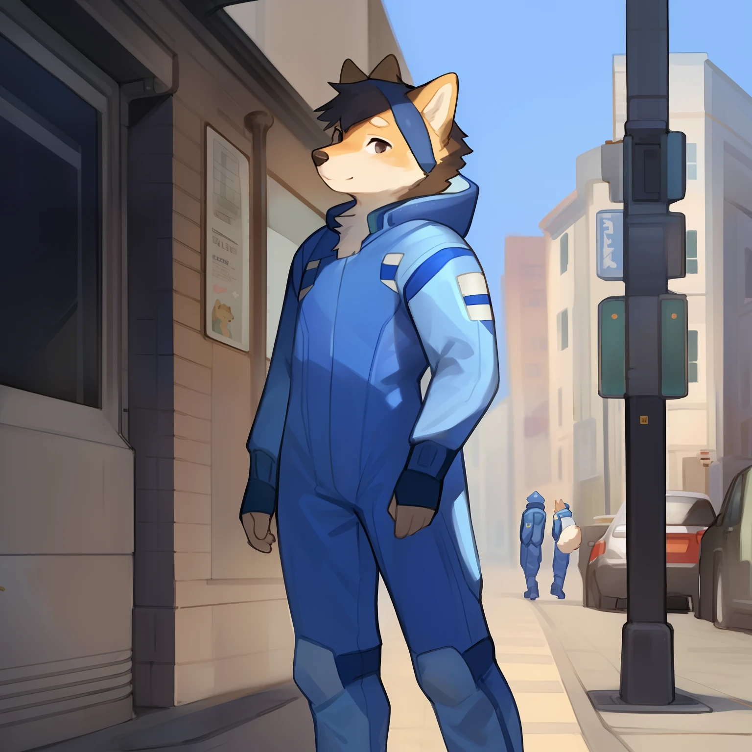 Solo, male, standing, street, by bebebebebe, ((hair, snout)), no breasts, (((blue military spacesuit))), canine, shiba inu