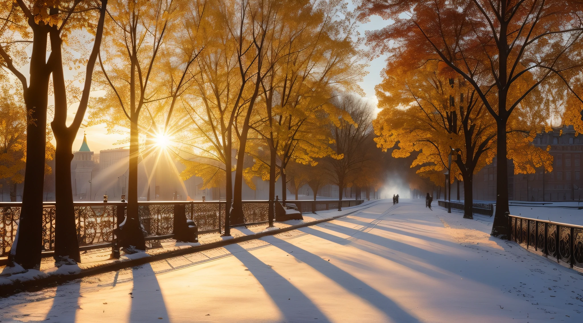 fabulous The Sun Rises, rays of sunshine, Fairytale Dawn, very extremely beautiful, in park, Russia, autumn, Architecture of Moscow, Beautiful shadows, light snow