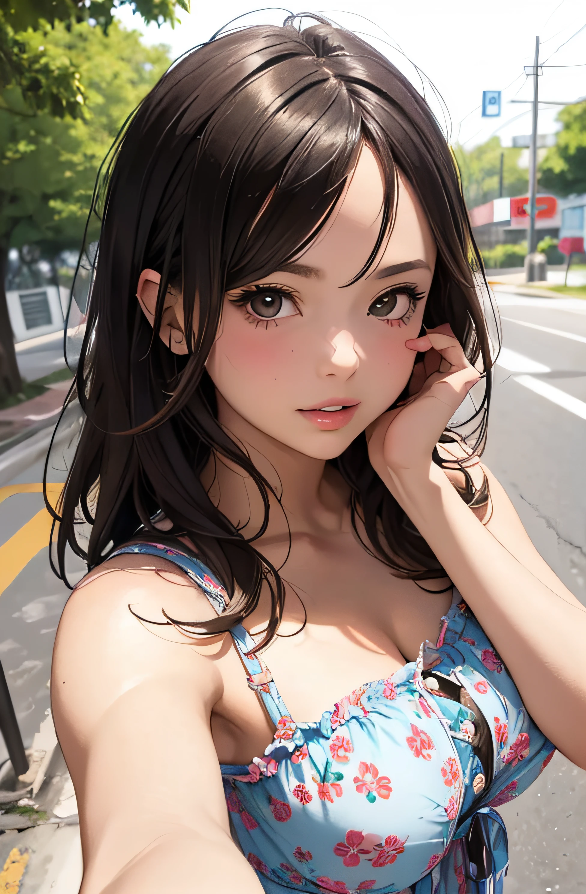 girl in summer clothes, top shot,((selfie)), brown eyes, random background, kiss, beautiful, medium breasts, flirtatious look, ((very detailed)), (perfectly detailed face), (well detailed hand), photorealistic image.