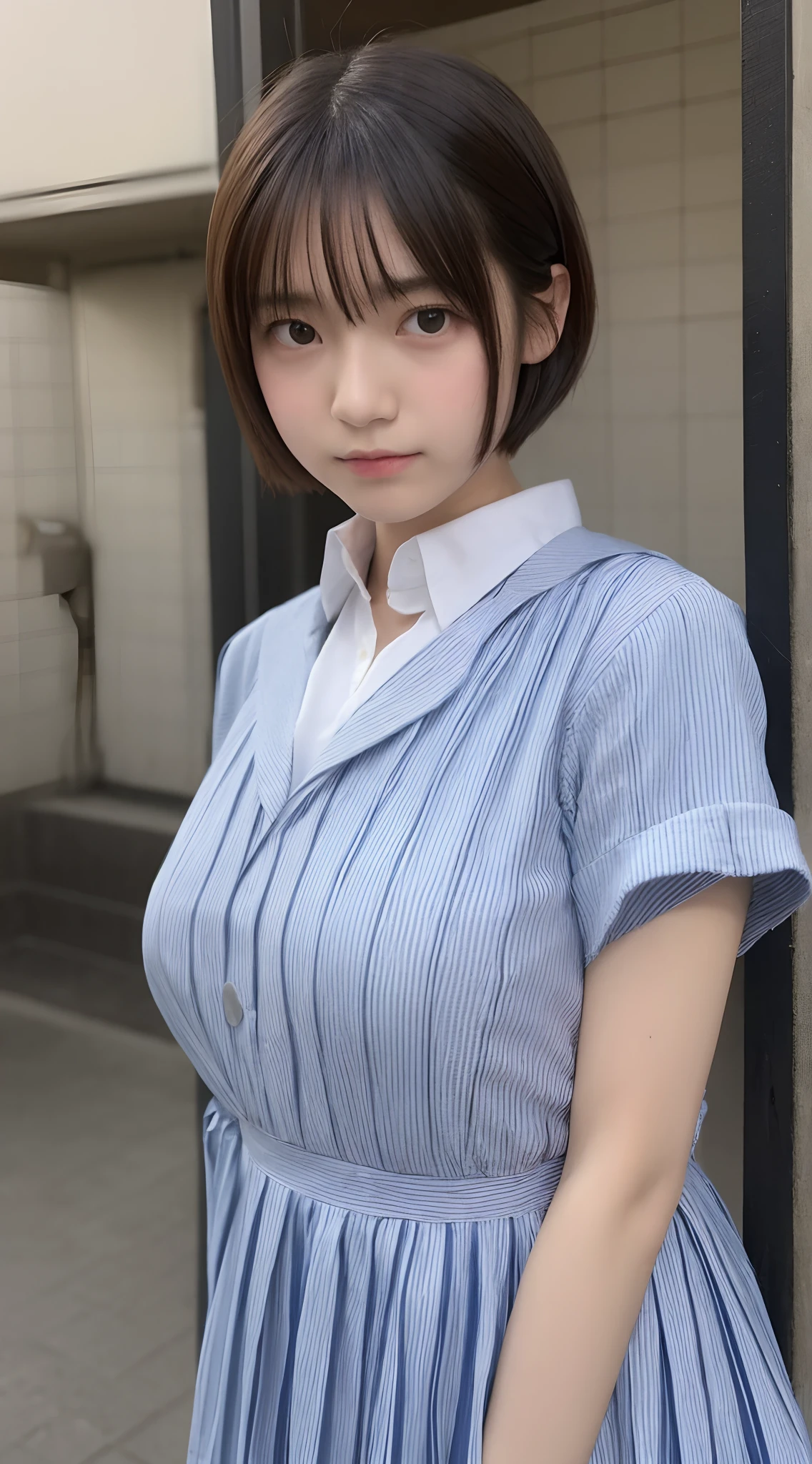 強盗に襲われてpeople質になっている女子行員5people、All of them have their hands tied behind their backs、Are standing、Wearing a bank uniform、Age 25、美people、Well-formed face、Medium build、, light brown hair, straight hair, swept bangs, Surrealism, cinematic lighting, tachi-e, Nikon, Wide-Angle, uhd, anatomically correct, textured skin, best quality, highres, 8K