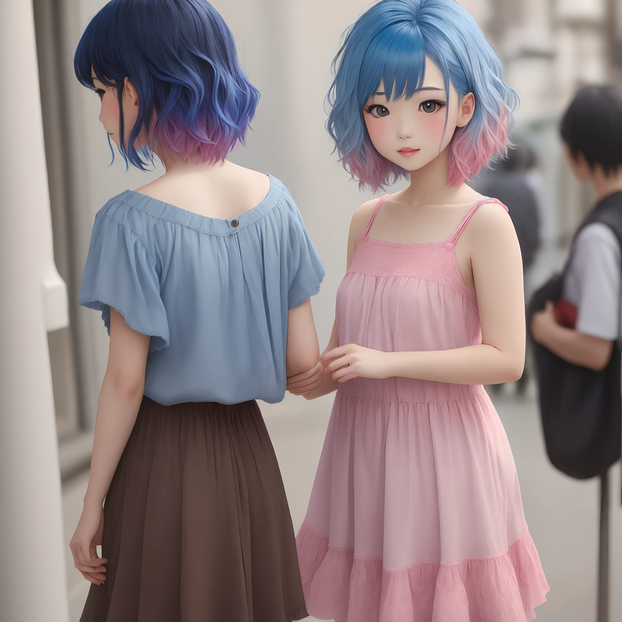 Girl with medium lenth blue hair with pink undertones