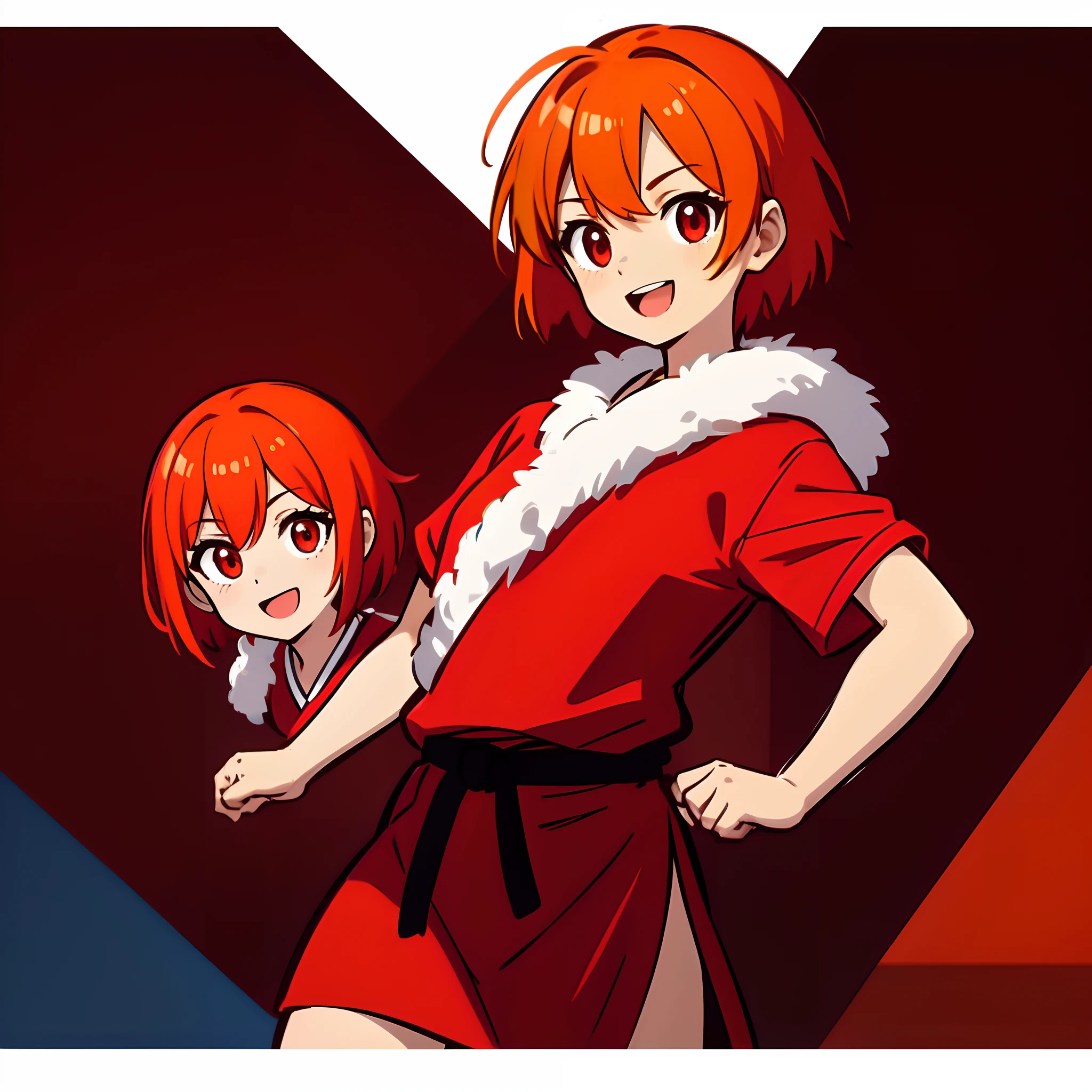 1girl, solo, orange hair, short hair, bob cut, messy hair, hair between eyes, feathery hair, red eyes, red bloomers, red shirt, karate clothes, fur coated, smile, happy, open mouth, colorful, masterpiece, illustration, 8k,