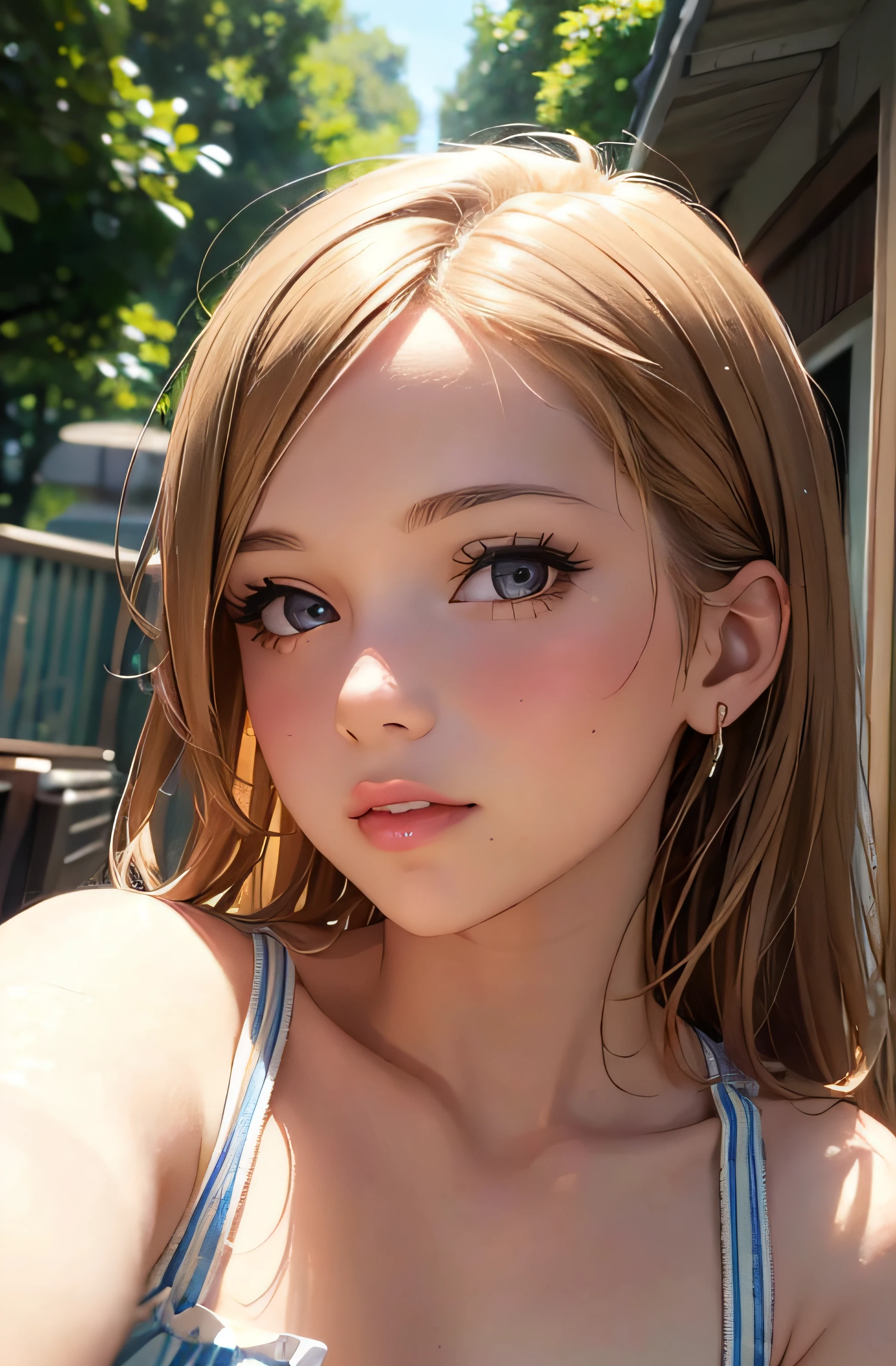 girl in summer clothes, top shot,((selfie)), brown eyes, blonde hair, random background, kiss, beautiful, medium breasts, flirtatious look, ((very detailed)), (perfectly detailed face), (well detailed hand), photorealistic image.