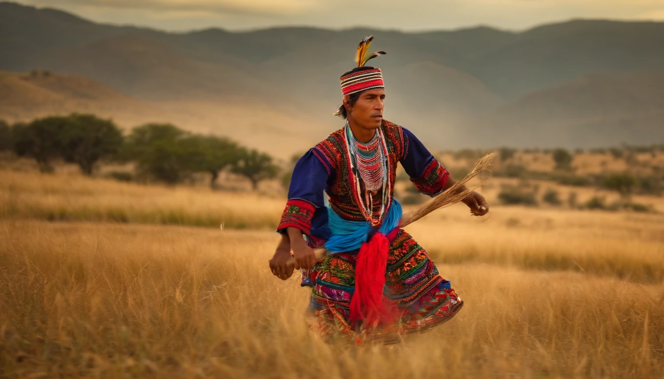 Young Huichol indigenous man exercising in the field