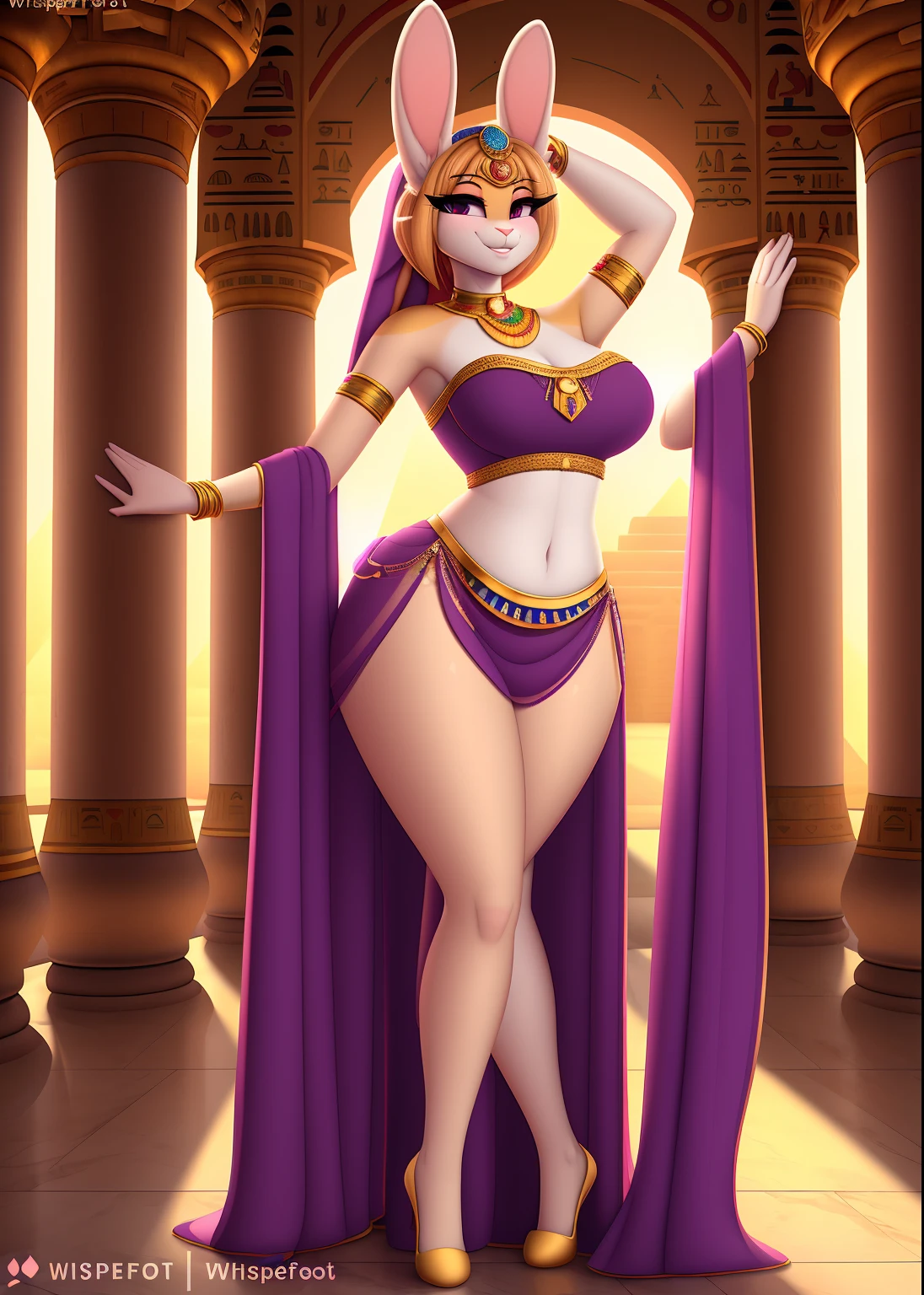 uploaded on e621, beautiful and detailed portrait of a (((feminine))) female anthro rabbit, uploaded to e621, by whisperfoot, cenematic lighting, seductive, bl, rabbit, thighighs, big breast, full body,  bellydancer,  palace, egyptian slave, smug smile, suggestive posing, solo, 1girl