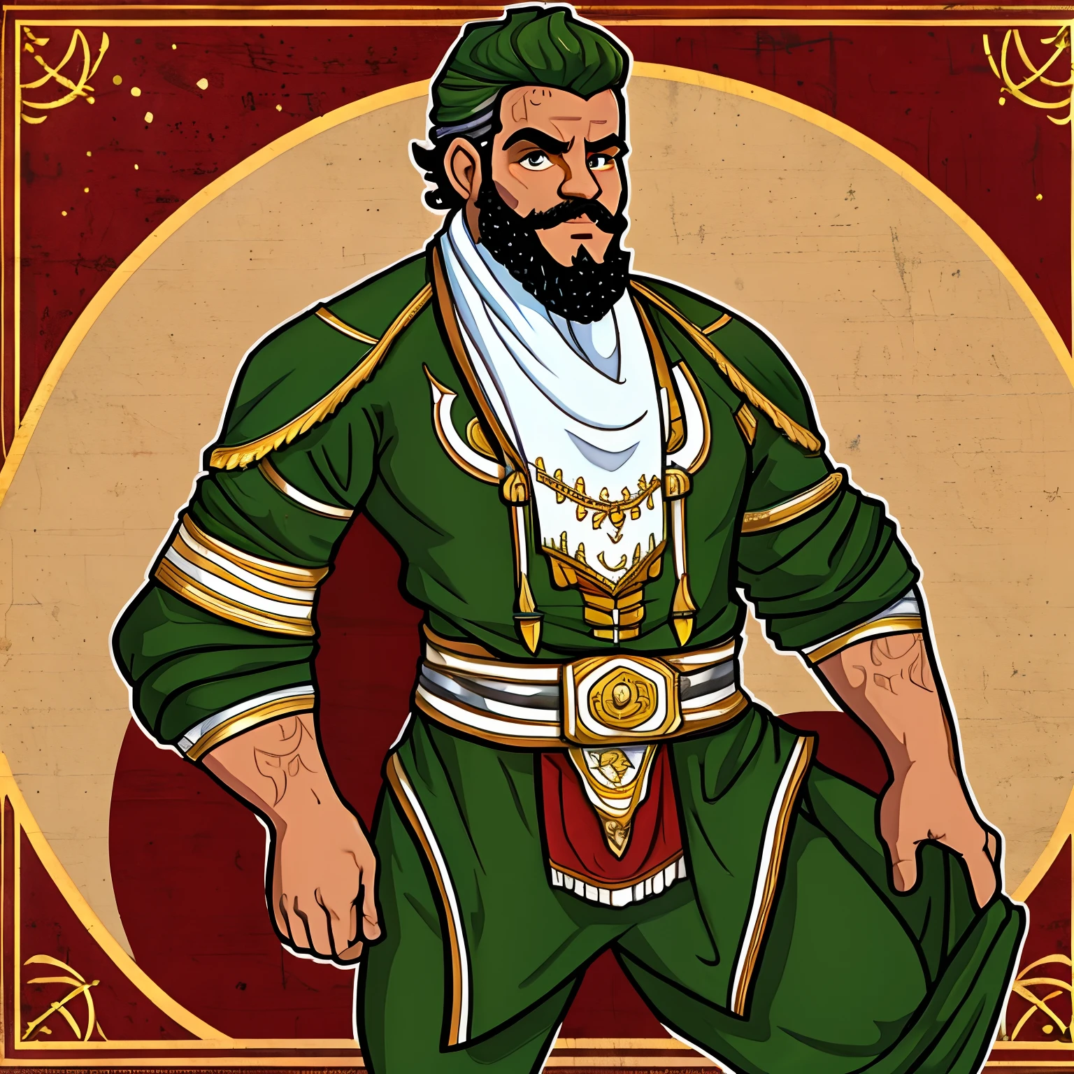 Um homen barbadi que usa um Machado de obisidiana e usa roupas co o tema de repolho com olhos verdes e barba roxa