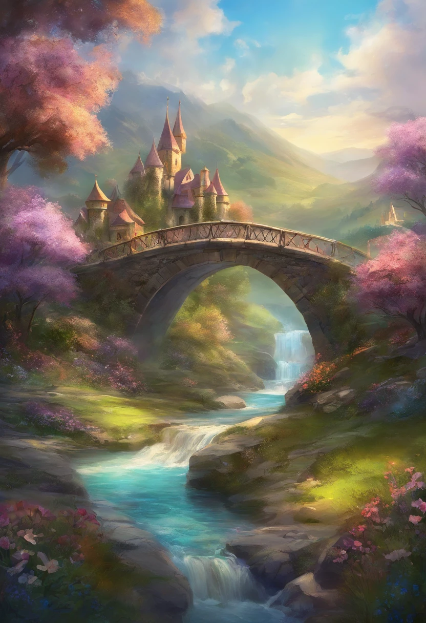 village, flower, forest, fantasy, medieval, stream, bridge
