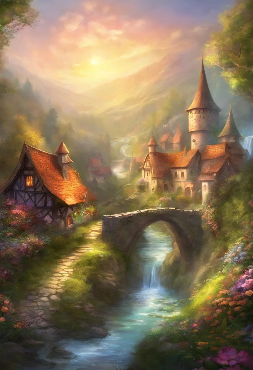 village, flower, forest, fantasy, medieval, stream, bridge