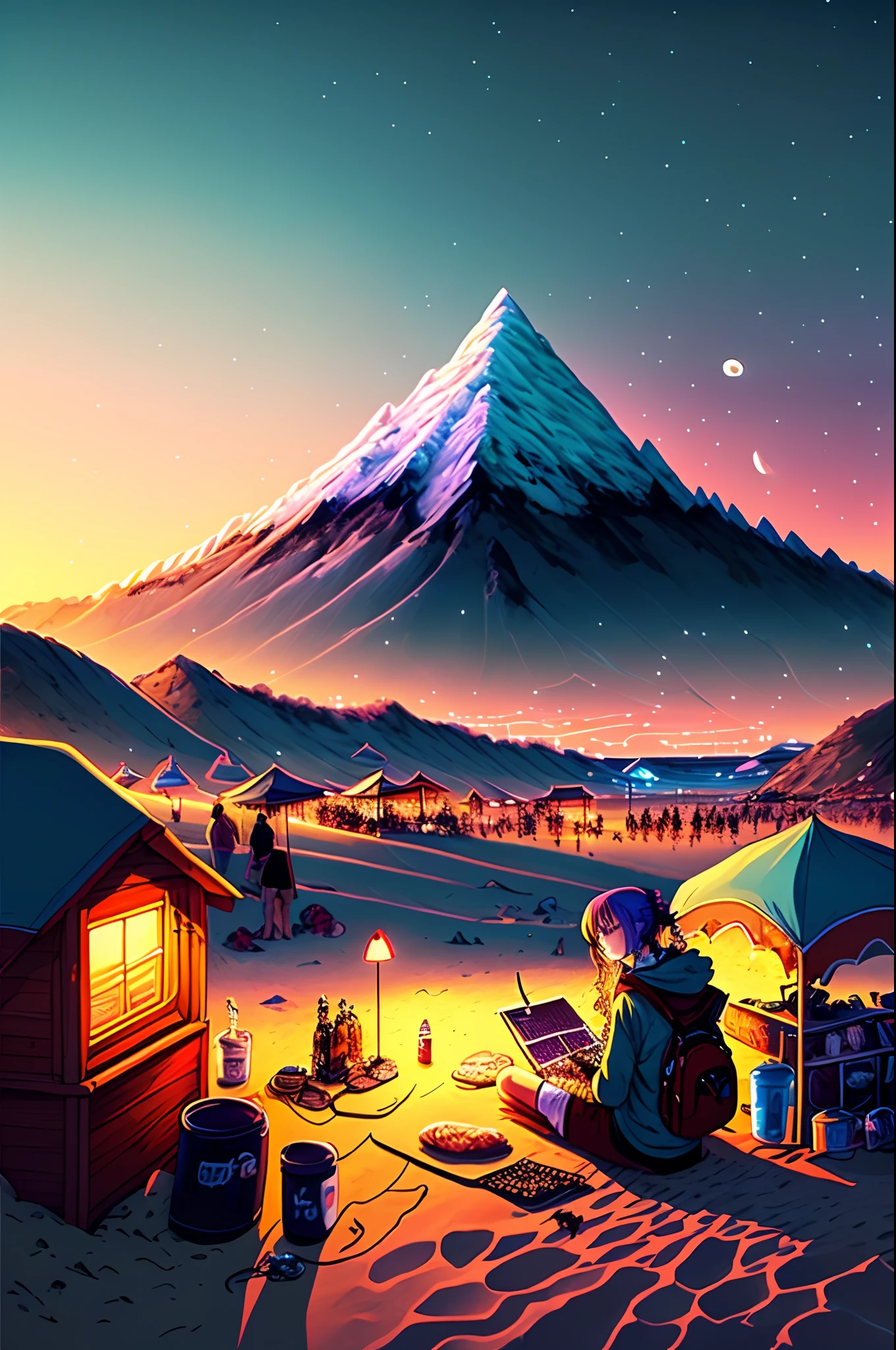Anime mountain side beach festival night