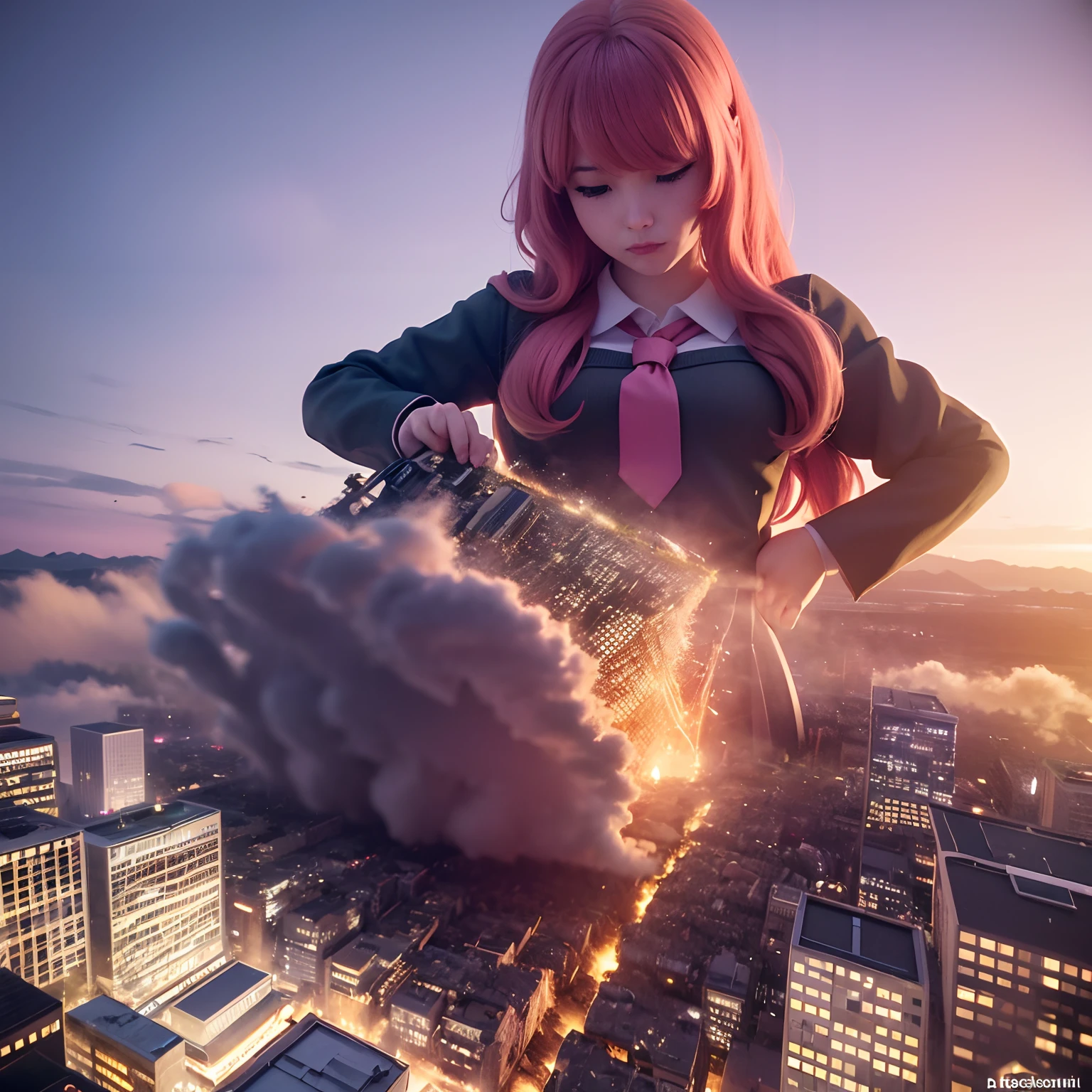 A giantess schoolgirl destroying a tiny skyscrapers city, pink hair, school uniform, standing girl, hyperrealistic 3d digital art, hyperrealistic 3 d digital art, 3 d epic illustrations, 3 d hyper realistic render, mind-bending digital art, destroyed city, photomanipulation, creative photo manipulation