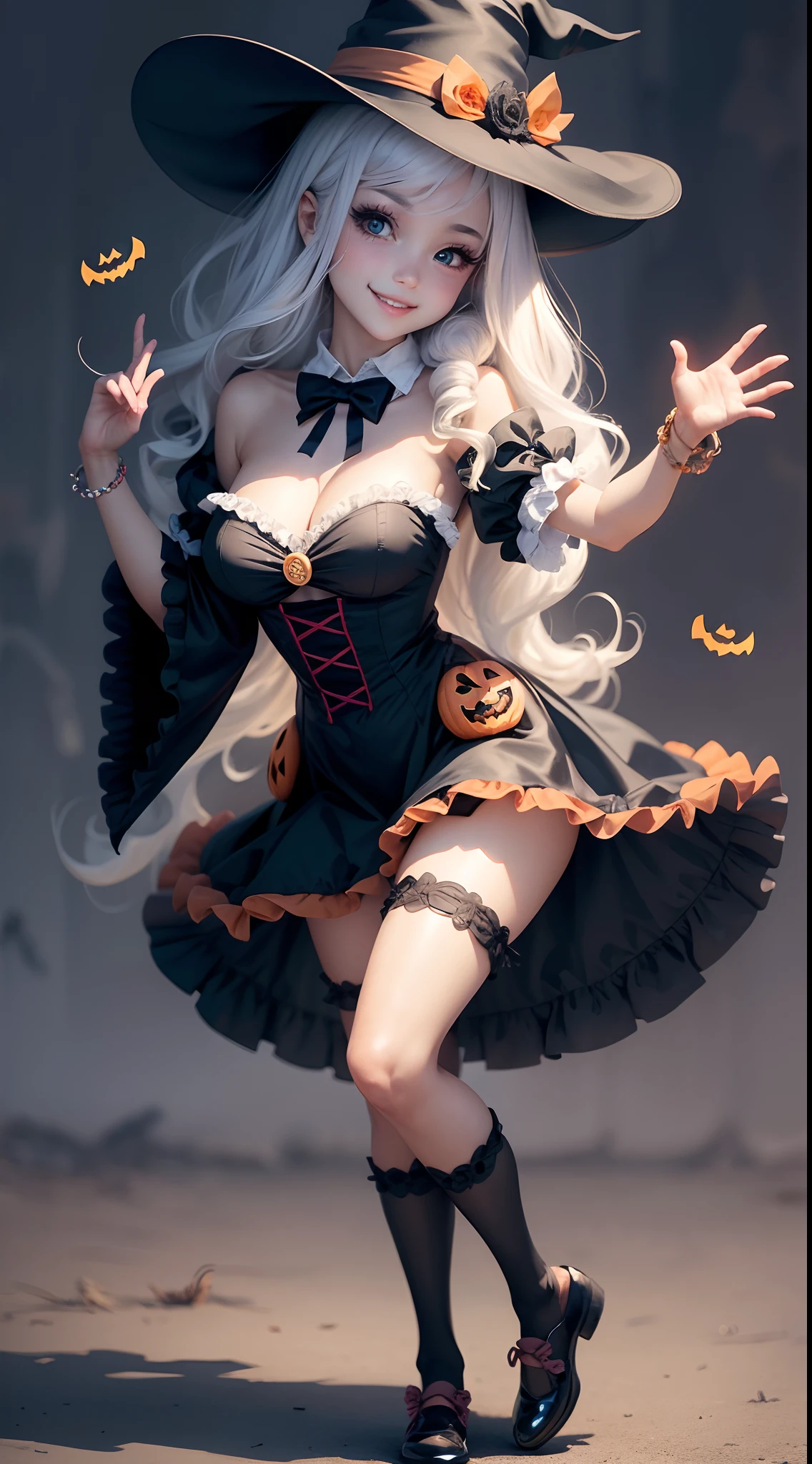 Cute Halloween Theme、full body Esbian、Eye Up、A smile、 wave her hand、Glamorous Hat、Halloween Accessories、Draw clothes buttons and pockets in a Halloween style、Cute shoes、high knee socks、breasts are large、Taken from the side