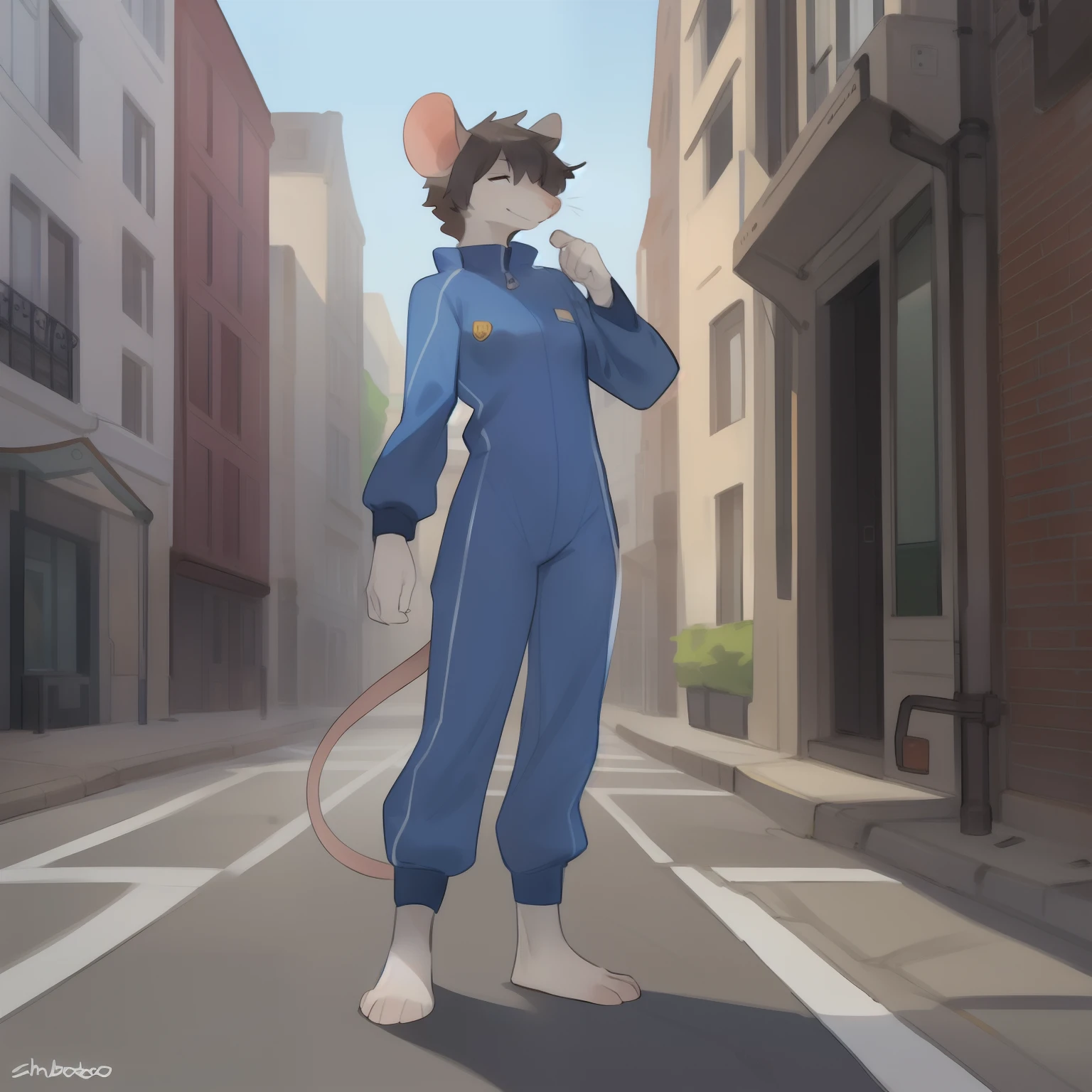 ((Snout, hair)), by bebebebebe, (by schmutzo), standing, solo, female, small breasts, mouse, street, blue military spacesuit,