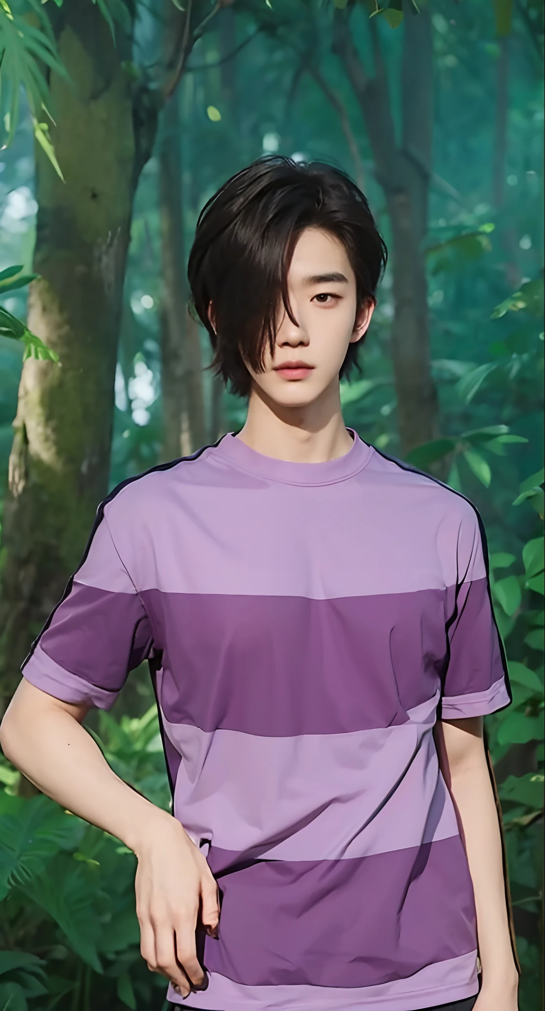 Real life adaption of this character, Korean teen handsome face,looking to viewer,realistic same hair ,realistic jungle with many grass background, hyper realistic, realistic light, realistic shadow, realism,(photorealistic:1.2),