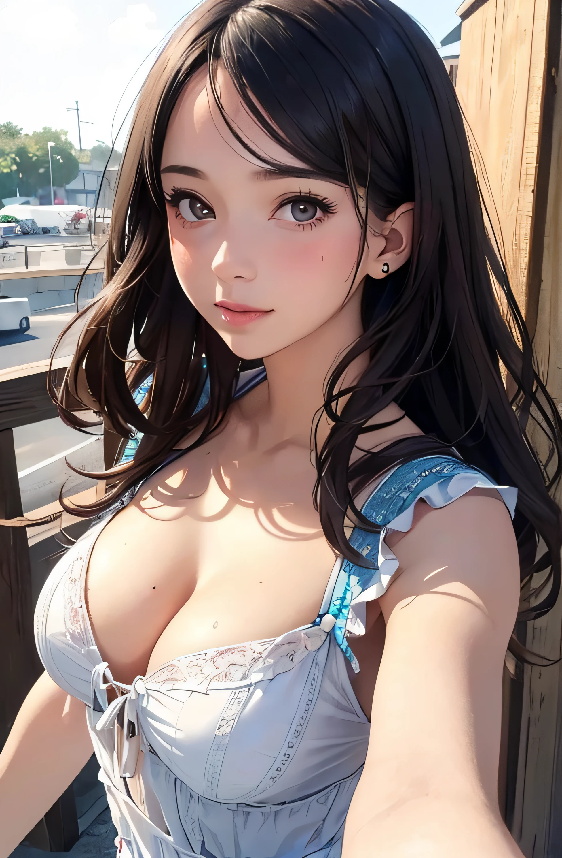 girl in summer clothes, ((selfie)), random background, kiss, beautiful, medium breasts, flirtatious look, ((very detailed)), (perfectly detailed face), (well detailed hand), (well detailed hand), (well detailed hand), (well detailed hand), (well detailed hand) photorealistic image.
