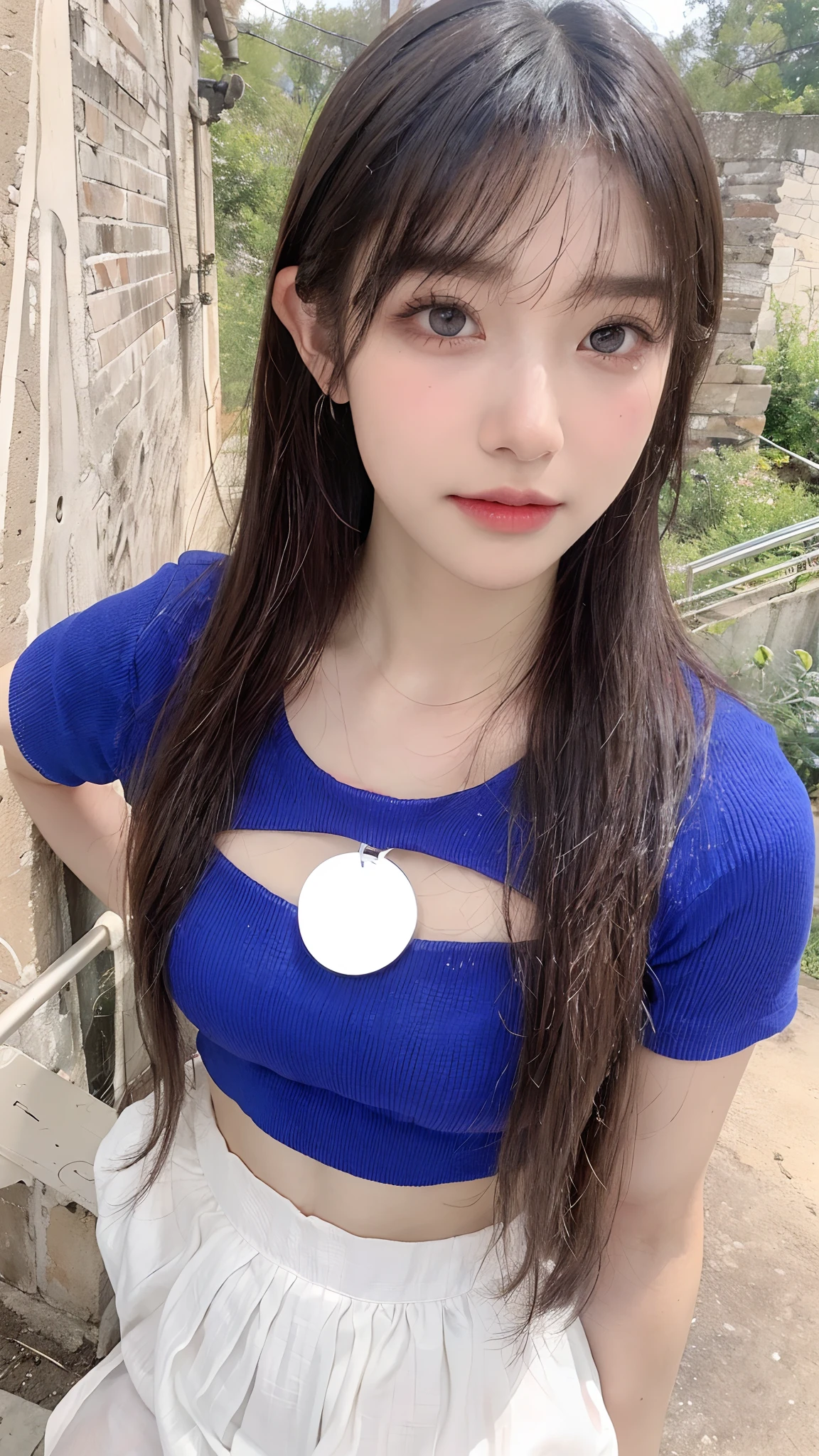 Unparalleled beauty, Lustrous firmness and shiny skin, Bangs between the eyes, Glossy straight beautiful pale blonde, Super Long Straight Silky Hair, eye line, Sexy beautiful innocent 14 years old, High definition big beautiful bright pale blue eyes, Beautiful and nice girl, Baby face, Short sleeve shirt、Glossy face、Small face beauty