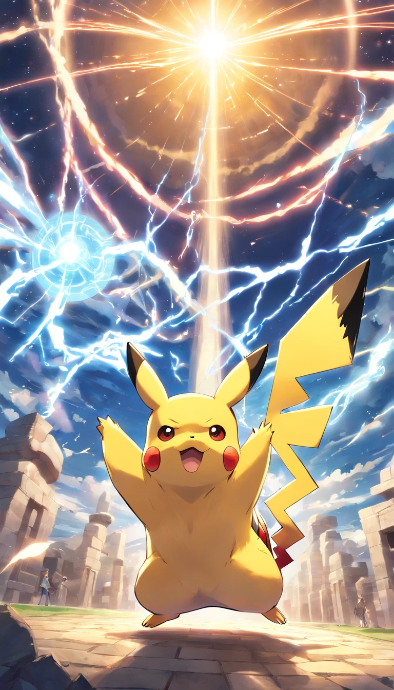 (Pikachu luchando contra un Zeus gigante ) en planeta similar al sol, con truenos al rededor, (en modo batalla)