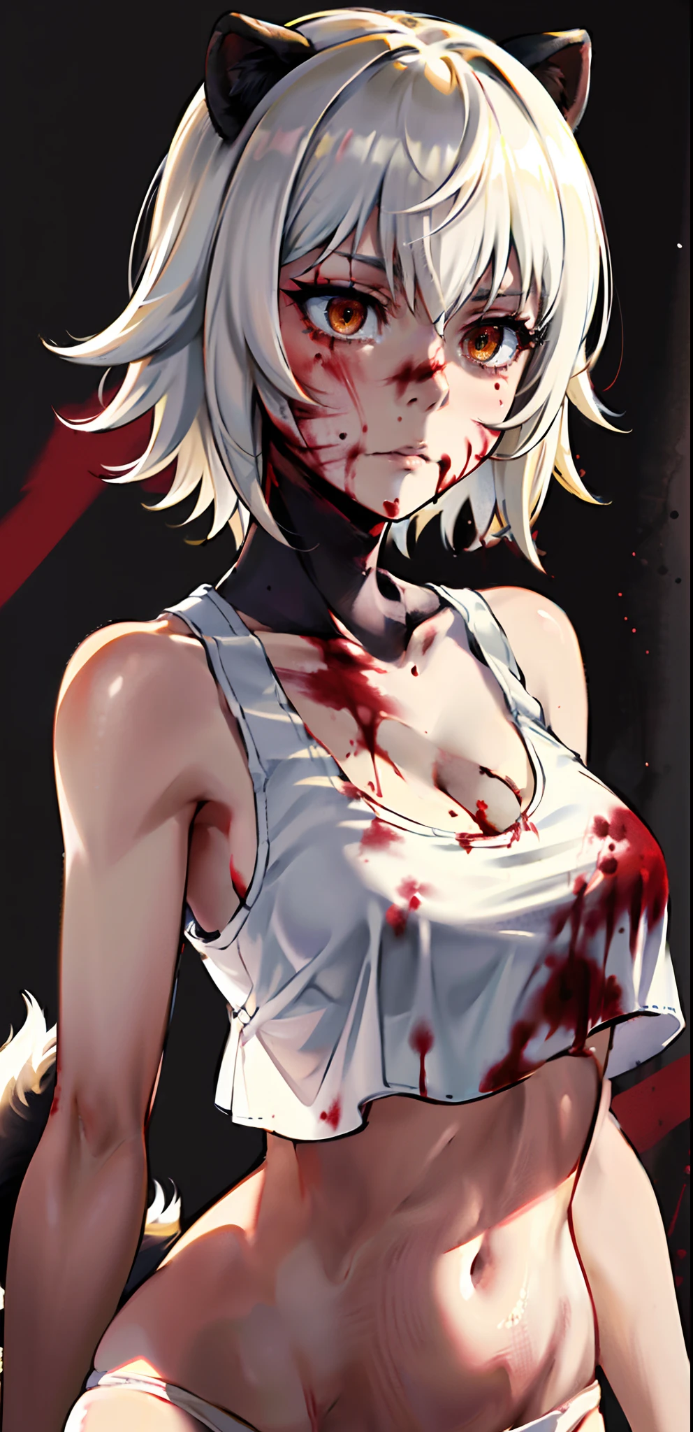 masterpiece, best quality, highres, 1girl, solo, animal ears, white hair, short hair, brown eyes, tail, medium breasts, navel, white panties, cropped tank top, cleavage, (((upper body))), standing, ((blood on face)), blood on hand, (murderer),  close-up, perfect anatomy,  dark theme, (torture room).