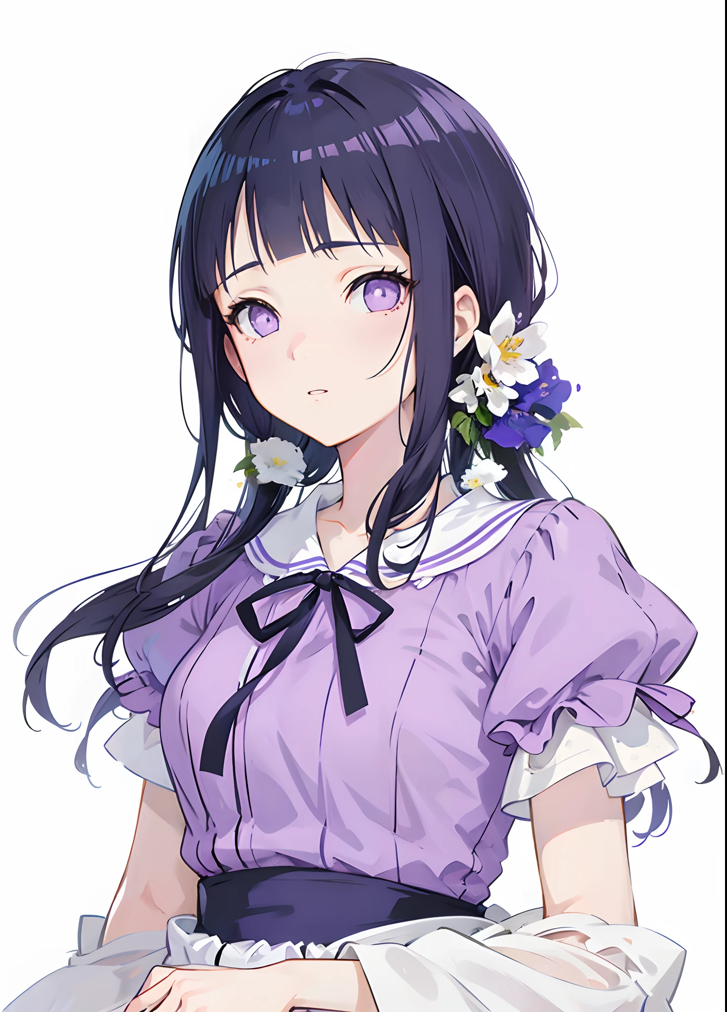 (best quality), (Super detailed), (Best Illustration), (masterpiece), score_9, score_8_up, score_7_up, (4k), anime style, nsfw, (1woman), (large breasts), blush, (sweat), fern, long hair, bangs, (purple eyes:1.1), purple hair, sidelocks, blunt bangs, (bright pupils:1.5), half updo,