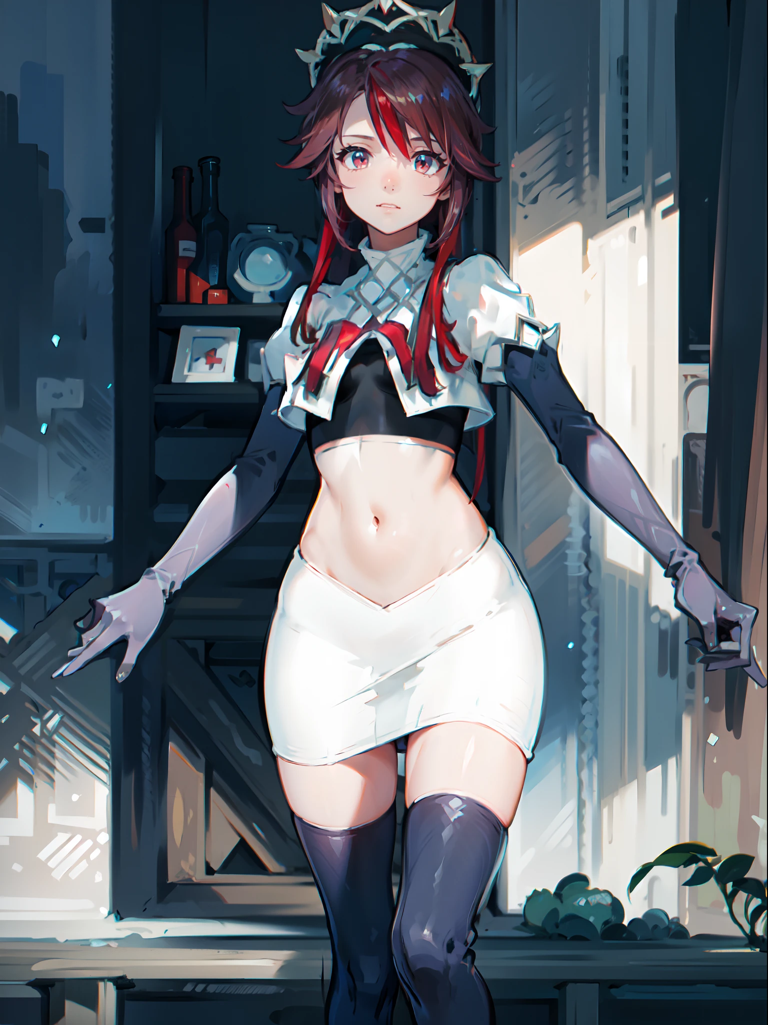 rosariarnd,1girl,team rocket,team rocket uniform,white skirt,crop top,black thigh-highs,black elbow gloves,