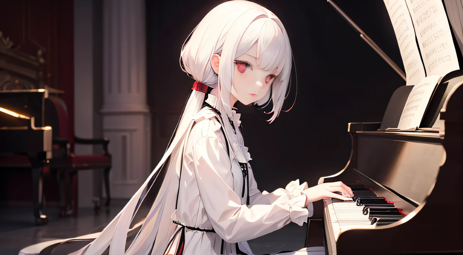 piano. albino girl playing the piano, red eyes, white hair, neon, holographic dress, piano, masterpiece