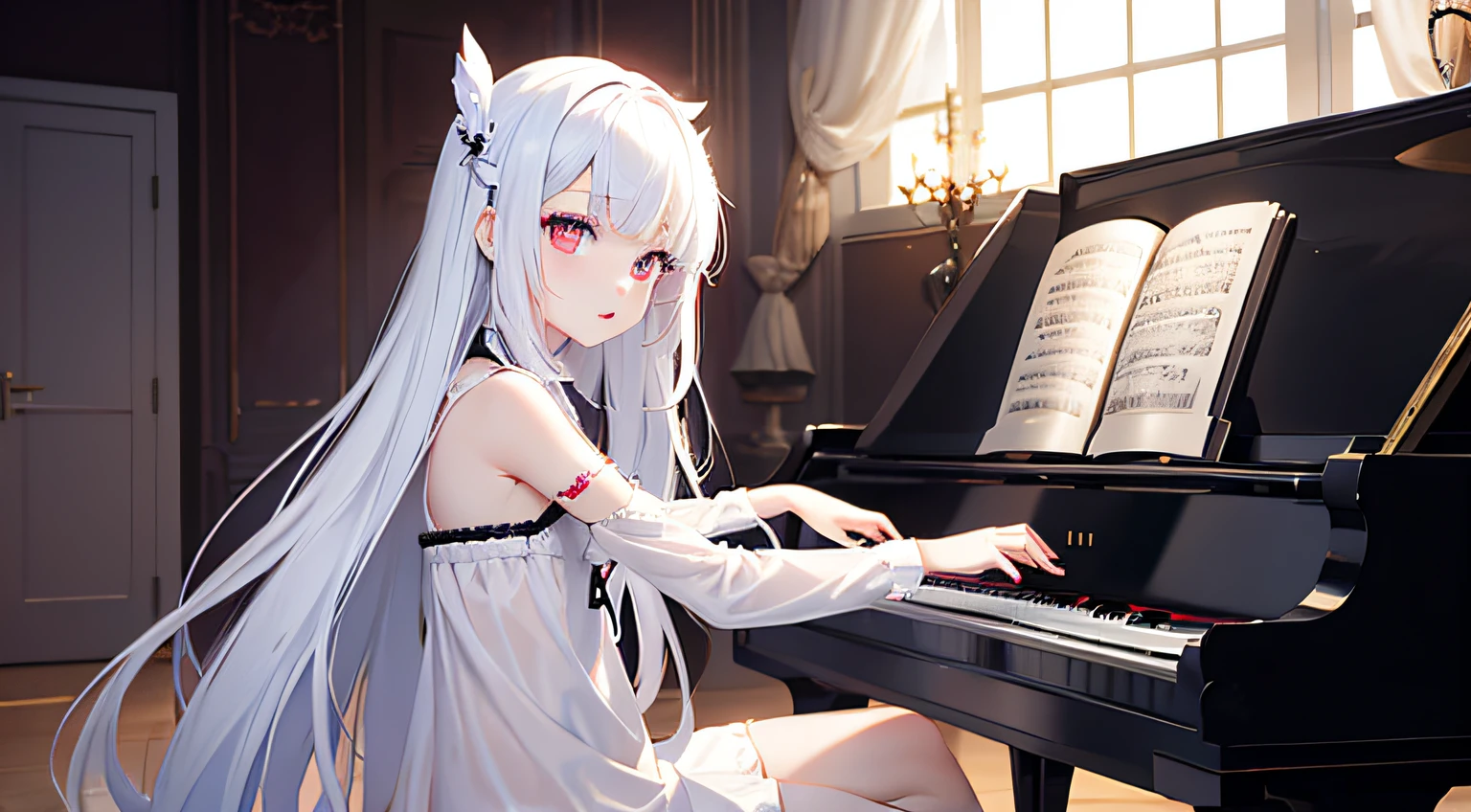 piano. albino girl playing the piano, red eyes, white hair, neon, holographic dress, masterpiece