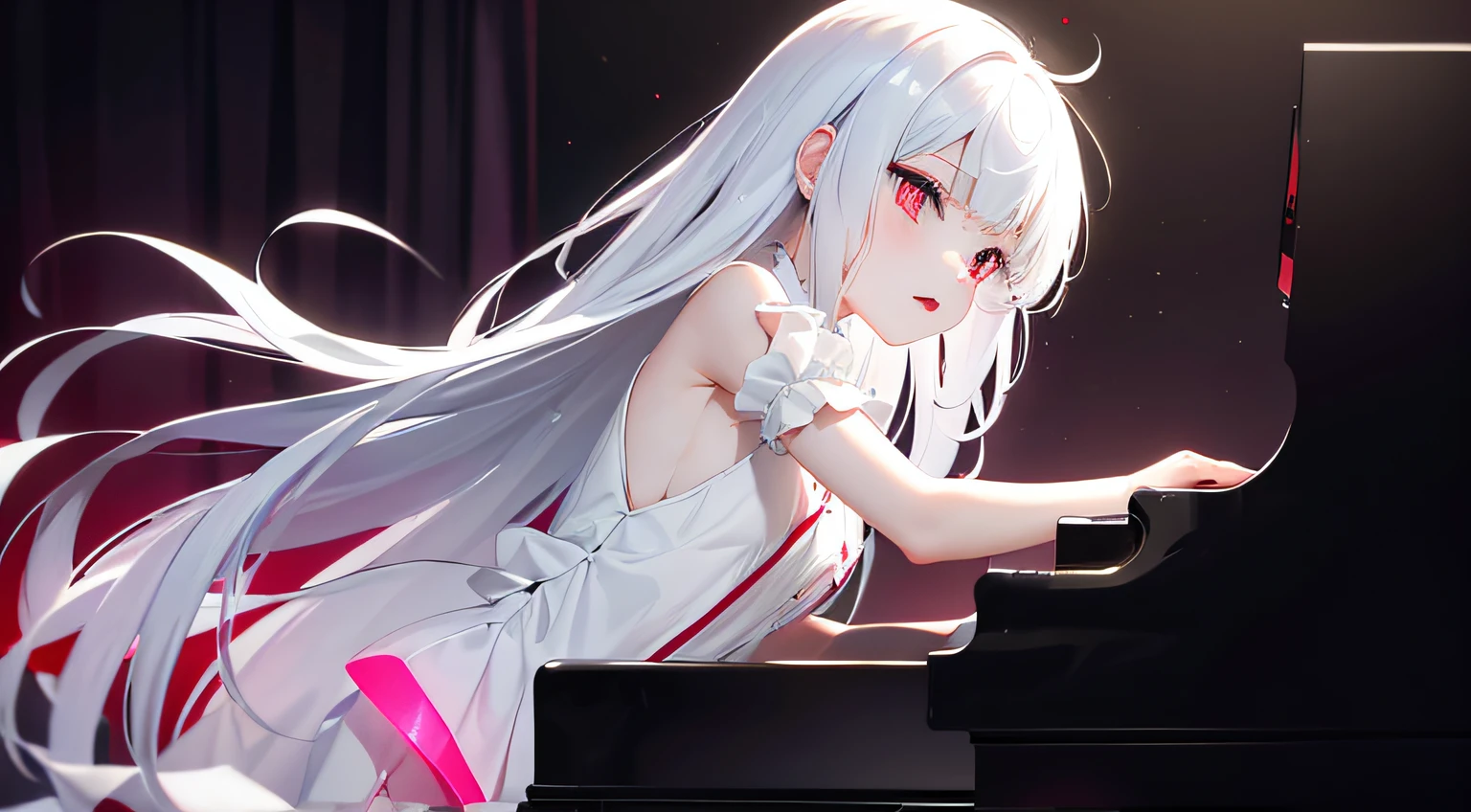 piano. albino girl playing the piano, red eyes, white hair, neon, holographic dress, masterpiece