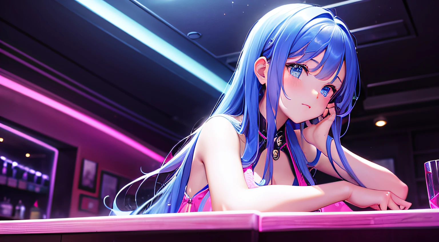 piano. cute girl playing the piano at a bar, neon, holographic dress, masterpiece