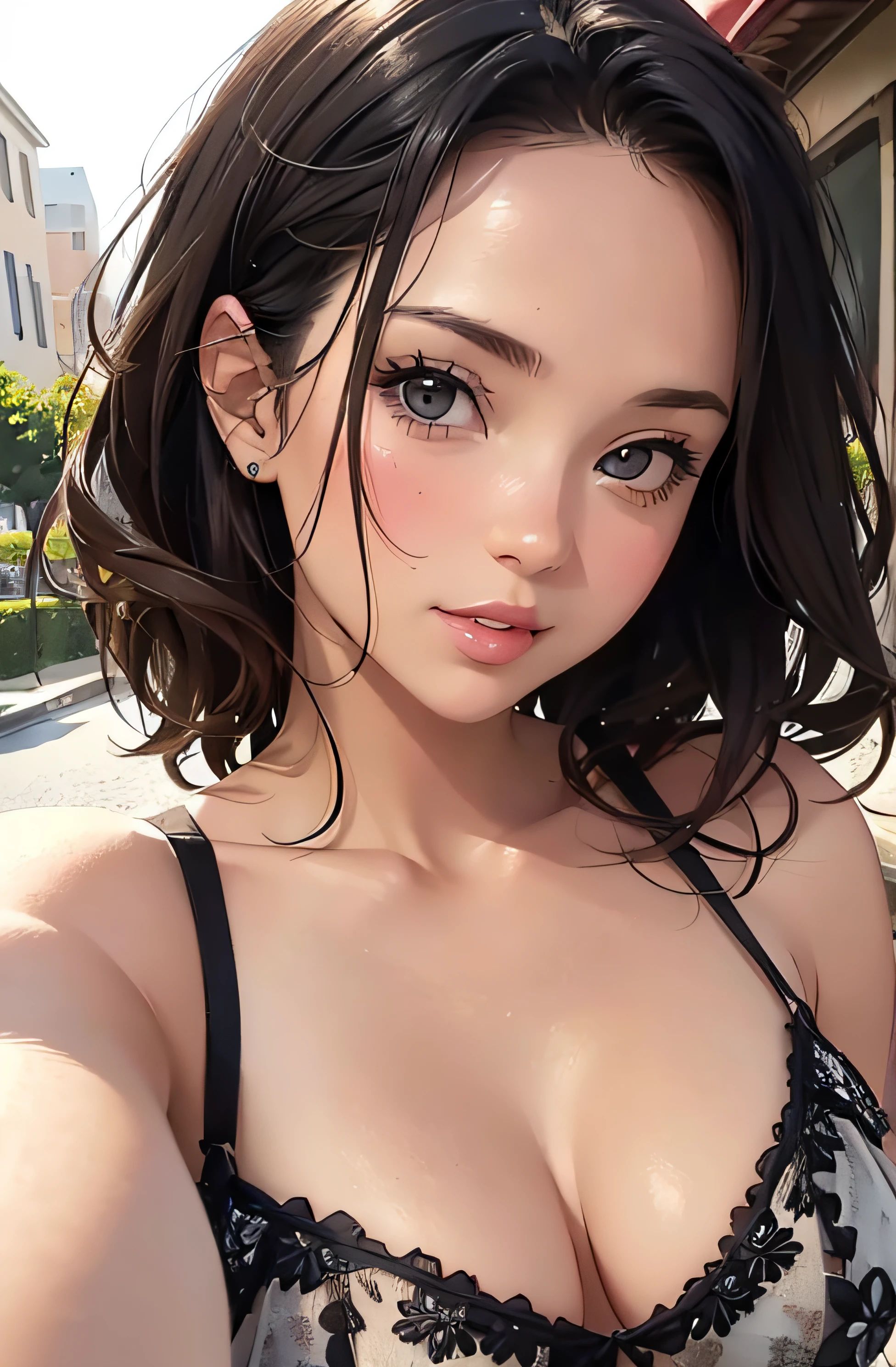 girl in summer clothes, ((selfie)), random background, kiss, beautiful, medium breasts, flirtatious look, ((very detailed)), (perfectly detailed face), (well detailed hand), (well detailed hand), (well detailed hand), (well detailed hand), (well detailed hand) photorealistic image.