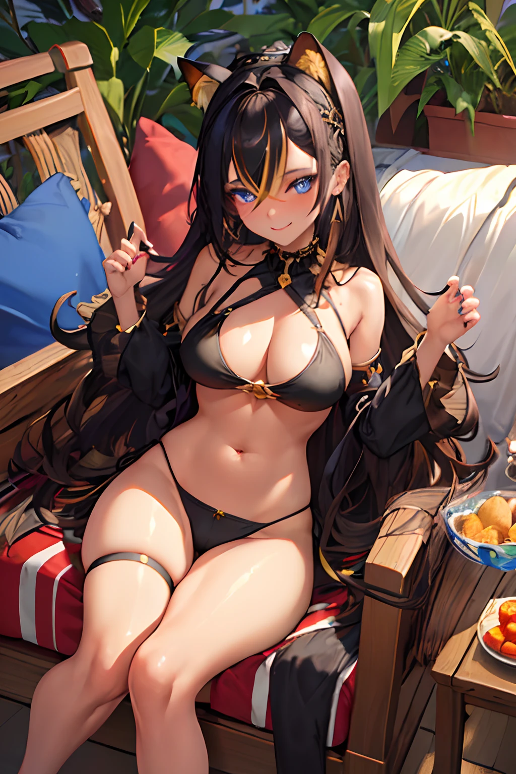 (8k, highres, ultra detailed, (masterpiece:1.6), 1girl , animal ears , bare shoulders , black and blonde hair , blue eyes , crossed bangs , tan-skinned female , earrings , hair between eyes , jewelry , long hair , looking at viewer, frilled black maid bikini , maid headdress , multicolored hair , navel , smile , solo , stomach , streaked hair , thighs , unconventional maid