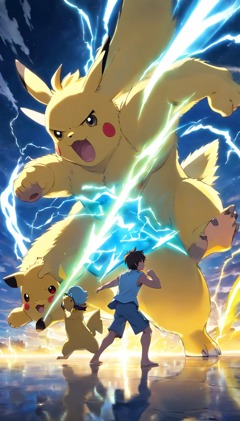(Zeus gigante musculoso, luchando contra un Pikachu ) en planeta similar al sol, con truenos al rededor, (en modo batalla)
