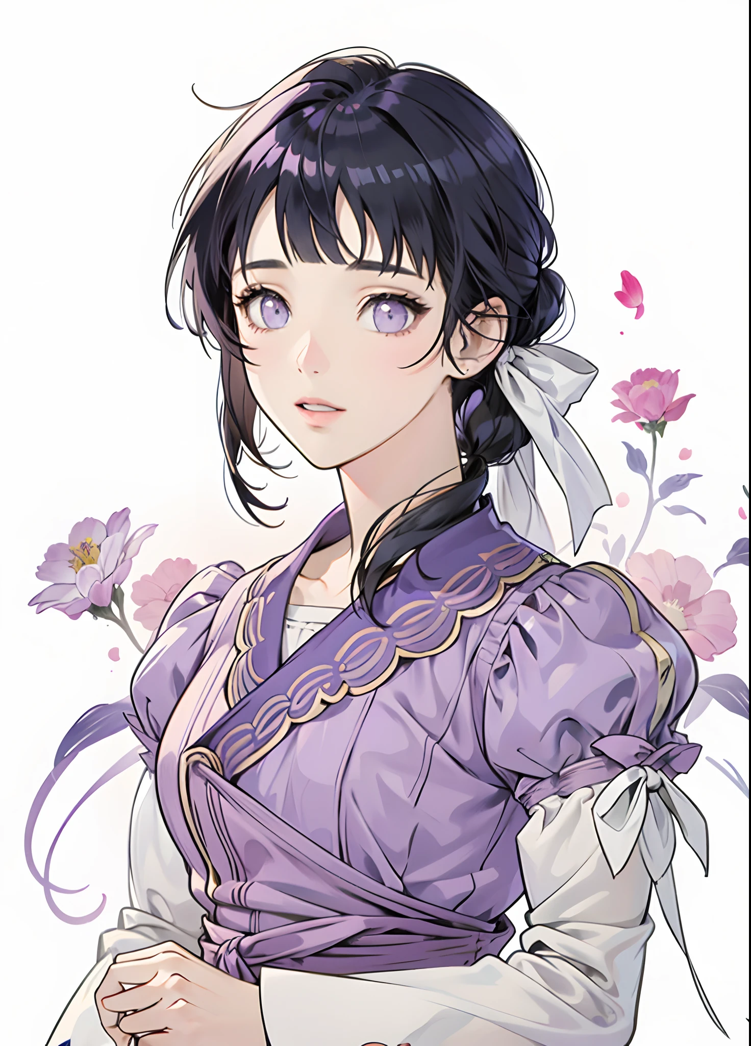 anime girl with dark blue hair and purple dress with flower in her hair, girl in dress, in the art style of bowater, cute anime waifu in a nice dress, anime style portrait, fanart, illustrious makinami, portrait of an anime girl, in an anime style, beautiful anime portrait, detailed portrait of anime girl, pretty anime girl, hinata hyuga, blunt bangs, purple eyes