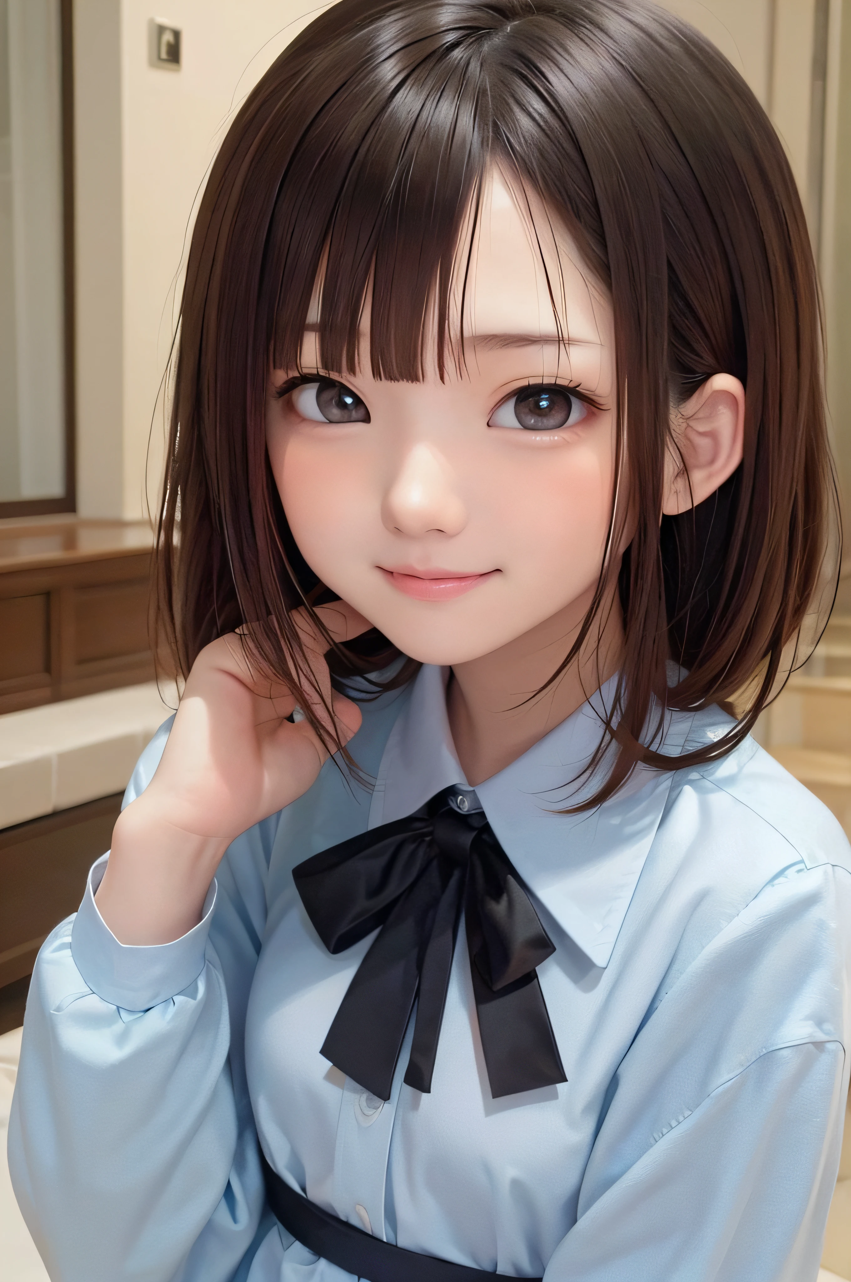 、brown haired、beautidful eyes、real looking skin、small tits、(8K、​masterpiece)、(reallistic、Photorealsitic)、top-quality、ighly detailed、The ultra-detailliert、Beautie、cute little、japanes、idol、a smile、Close-up portrait、Healthy face