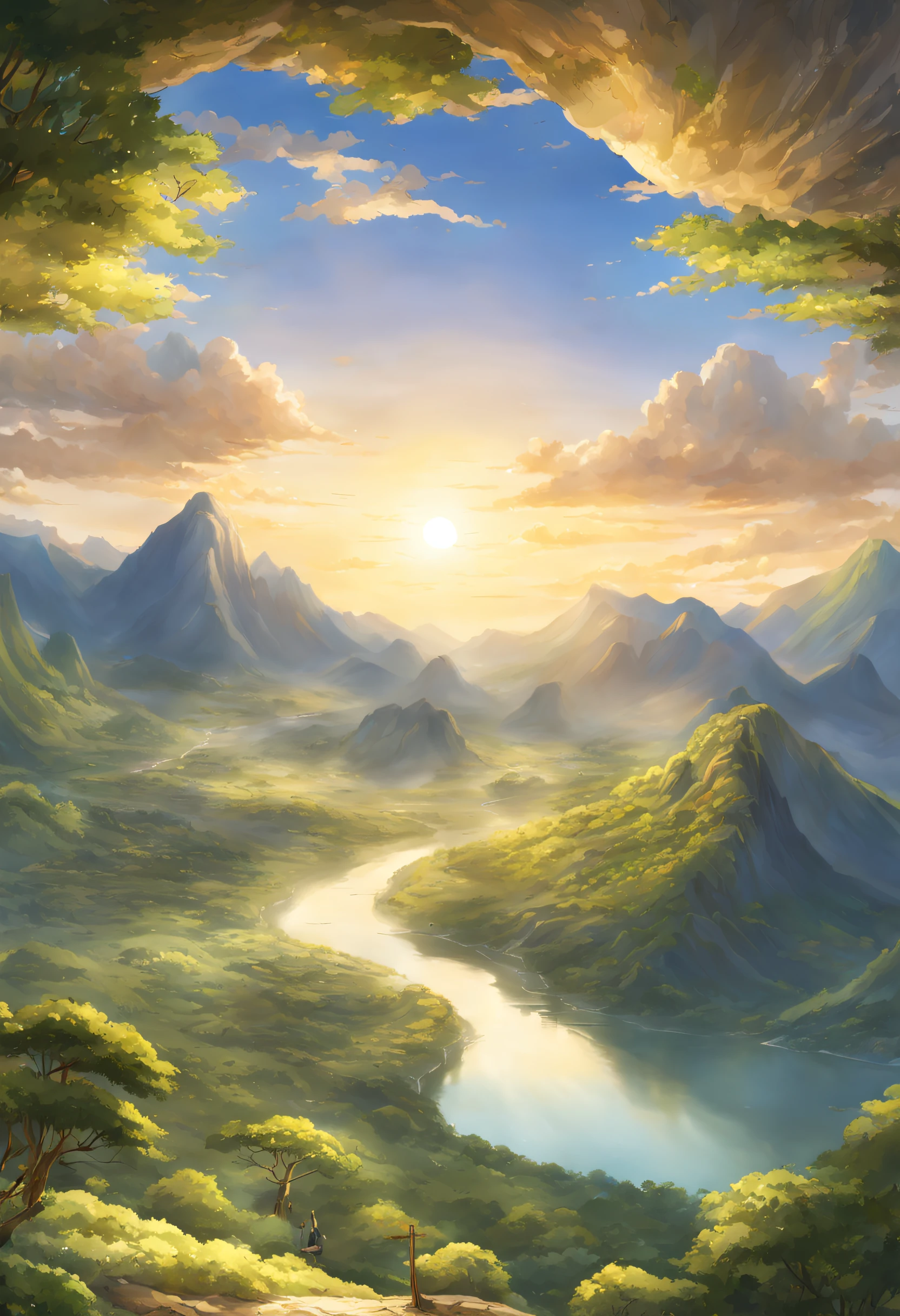 A divine scene unfolds before our eyes: A fertile valley surrounded by majestic mountains, onde rios serpenteiam como veias de vida, and the golden light of the sun illuminates the earth as a heavenly blessing. anime