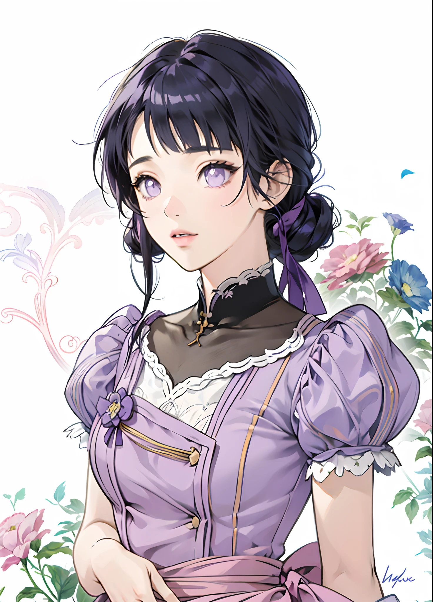 anime girl with dark blue hair and purple dress with flower in her hair, girl in dress, in the art style of bowater, cute anime waifu in a nice dress, anime style portrait, fanart, illustrious makinami, portrait of an anime girl, in an anime style, beautiful anime portrait, detailed portrait of anime girl, pretty anime girl, hinata hyuga, blunt bangs, purple eyes