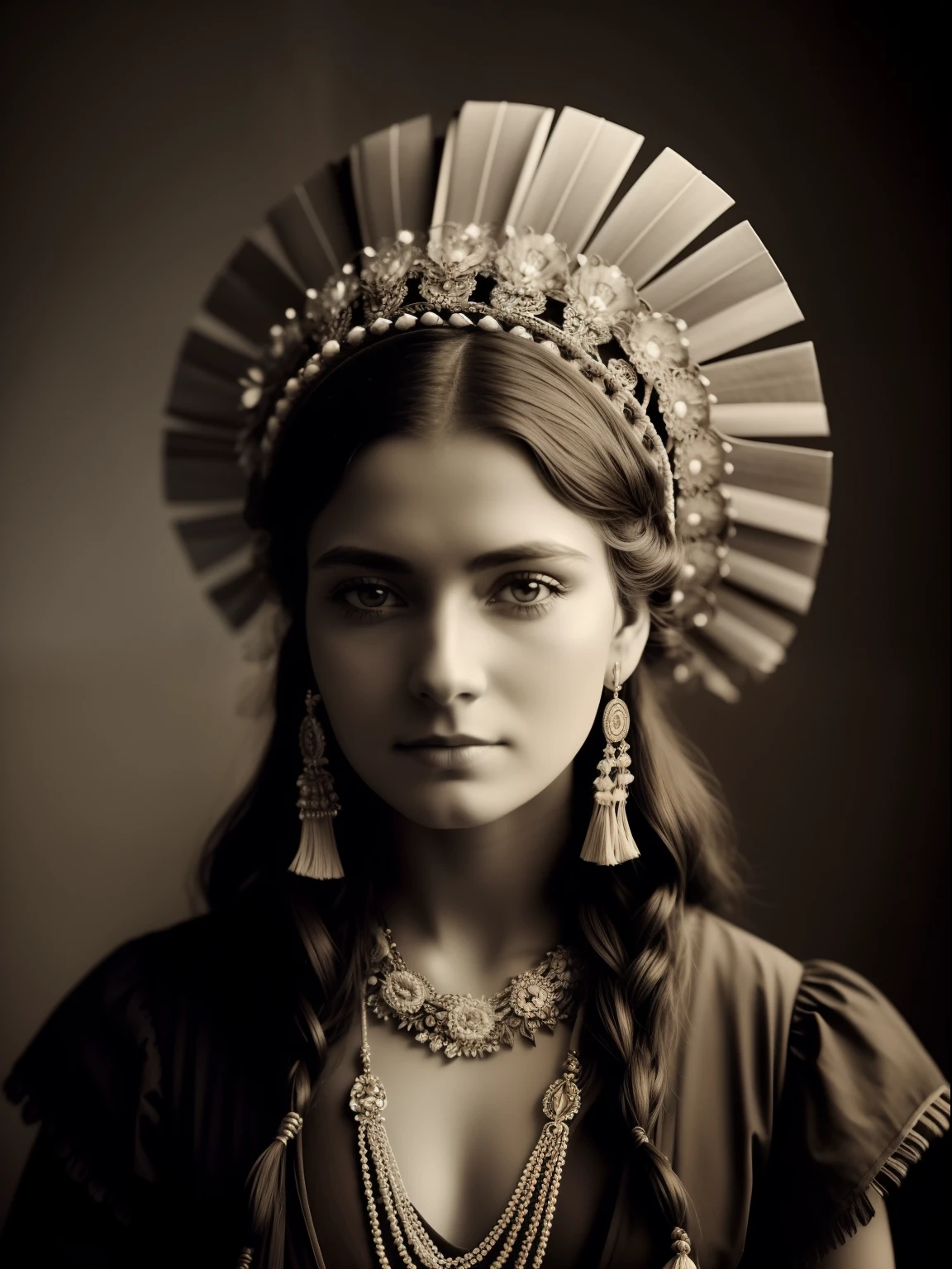 (master part) An insanely beautiful Victorian nomadic lady with rich flowered headdress, Vintage Sepia Photography, foto muito antiga e torneada