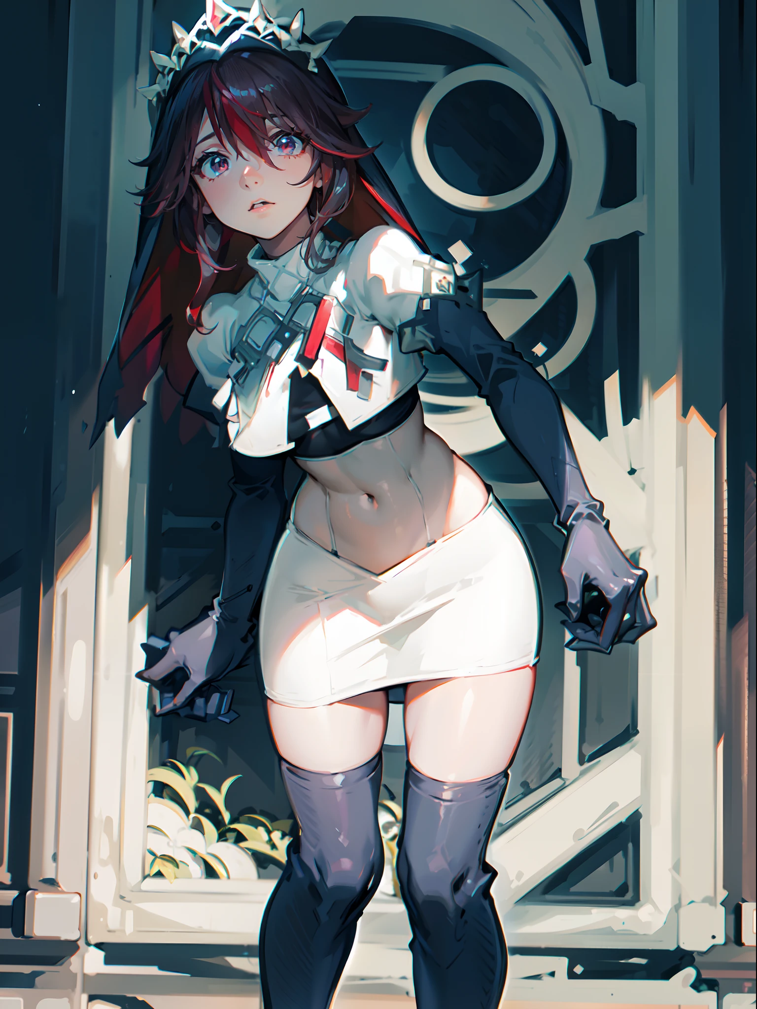 rosariarnd,1girl,team rocket,team rocket uniform,white skirt,crop top,black thigh-highs,black elbow gloves,