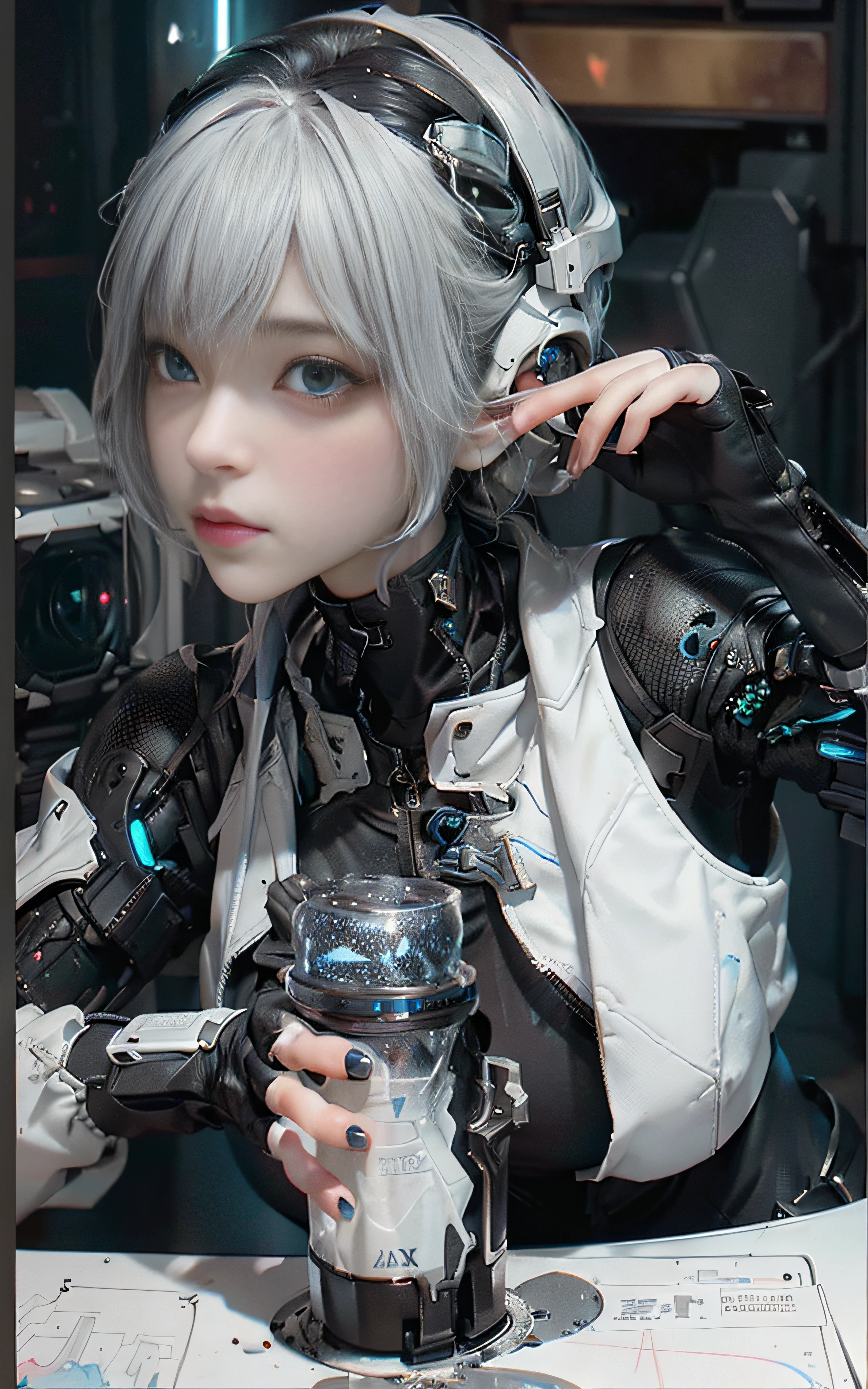 ((best qualtiy)), ((tmasterpiece)), (the detail:1.4), 。.。.。.。.。.。.3D, A beautiful cyberpunk female image,hdr(HighDynamicRange),Ray traching,NVIDIA RTX,Hyper-Resolution,Unreal 5,Subsurface scattering、PBR Texture、post-proces、Anisotropy Filtering、depth of fields、maximum definition and sharpness、Many-Layer Textures、Albedo e mapas Speculares、Surface coloring、Accurate simulation of light-material interactions、perfectly proportions、rendering by octane、Two-colored light、largeaperture、Low ISO、White balance、the rule of thirds、8K raw data、Cyberpunk sci-fi style,Black and white dominant color clothing,Blue luminous decoration,Highly reflective materials,White armor
