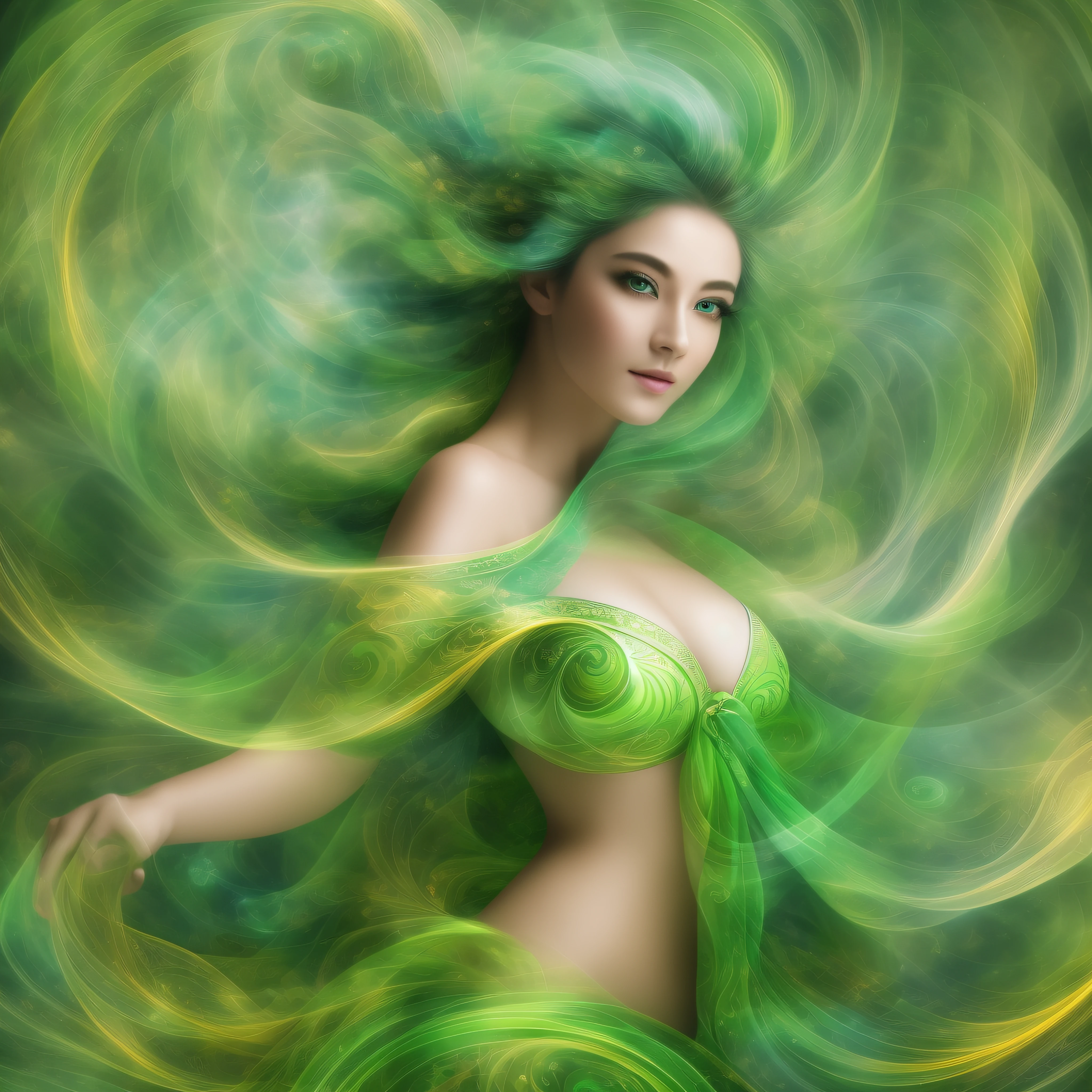 Generate captivating images of wind spirits. Let her exude an aura of grace: a mystical robe of flowing green air with vitality and freshness, a swirling air swirl and a hint of magic in her eyes. Photorealistic, Masterpiece, Top Quality, Super Detail, HDR, 8K