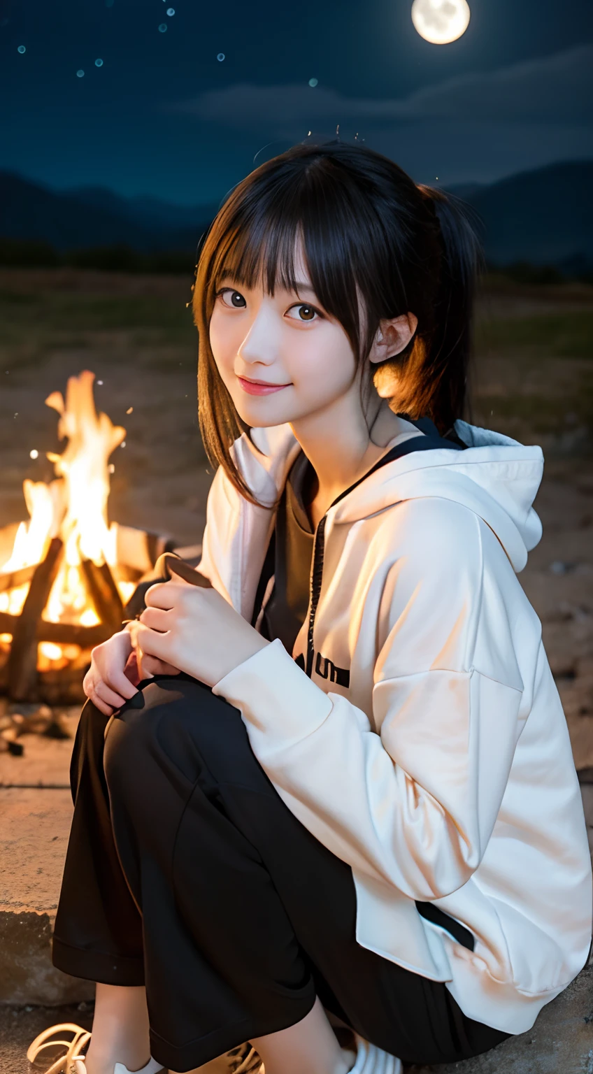 (top-quality,8K,​masterpiece:1.3,),(超A high resolution,Photorealsitic:1.4,Raw photography),(ultra-detailliert,shinny skin,Delicate skin),(Detailed face,Perfect Anatomy,Caustics),(Little girl making a bonfire in the mountains),Sit by the bonfire,kawaii,18year old,japanes,Japanese ido,smil,Looking at the camera,A dark-haired,Short ponytail,large boob,Hooded hoodie,long trousers,espadrilles,dark,deep in the night,Litto the bonfire,moonlights,Stars in the night sky,low angles,