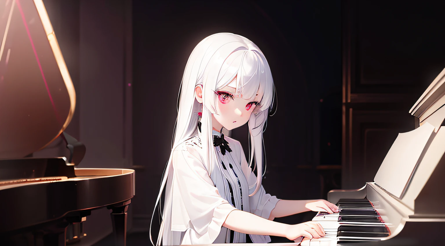 piano. albino girl playing the piano, red eyes, white hair, neon, holographic dress, piano, masterpiece