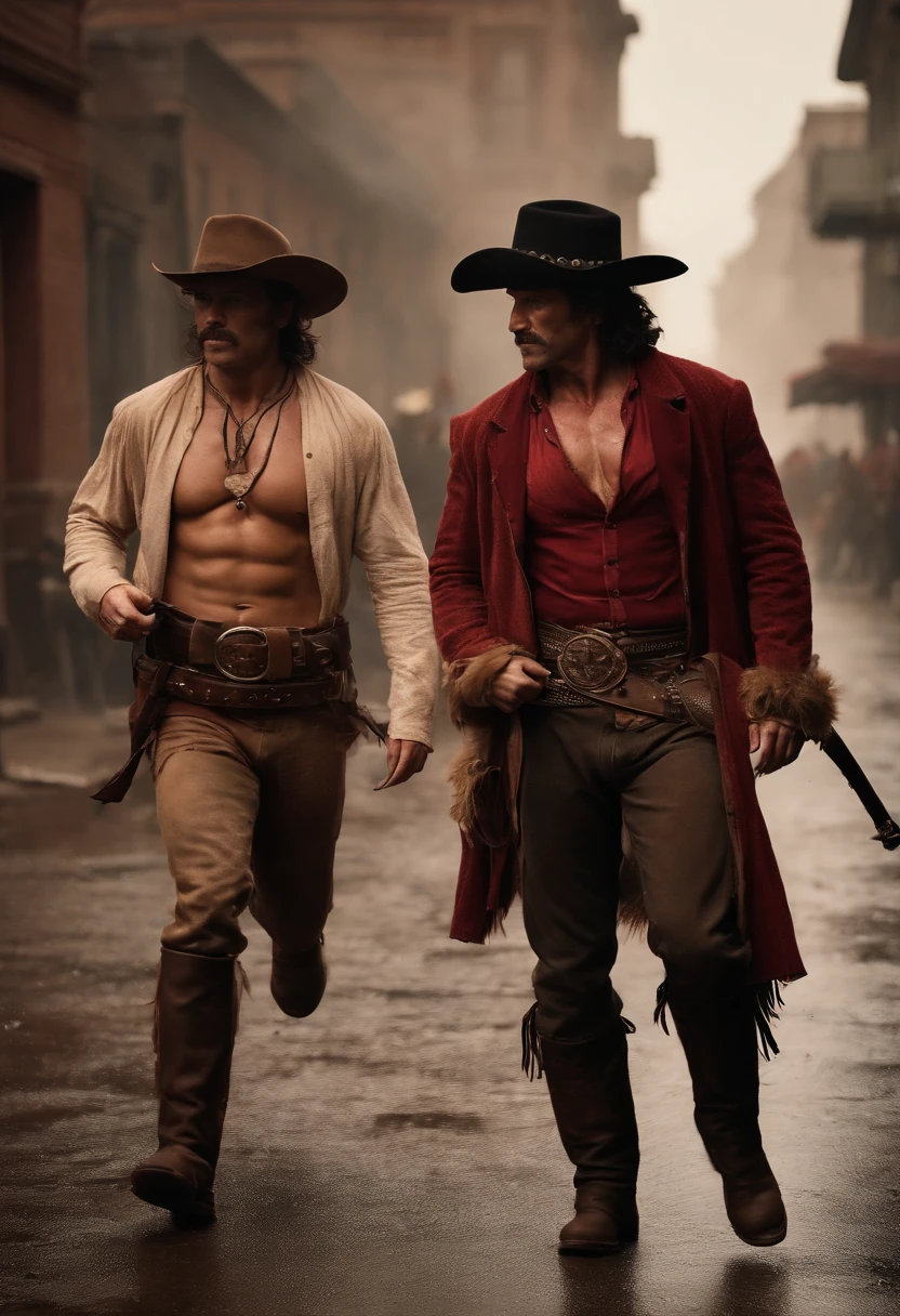 The Wild West. Fight on the street near the saloon.Overcast.Damp.dirty.Four are fighting.full length. Red Indian,body builder body,nude torso,Two cowboys with torn shirts, Wearing hats.Everyone's face is covered in blood.8K Image Quality,tmasterpiece, Precise detailing.